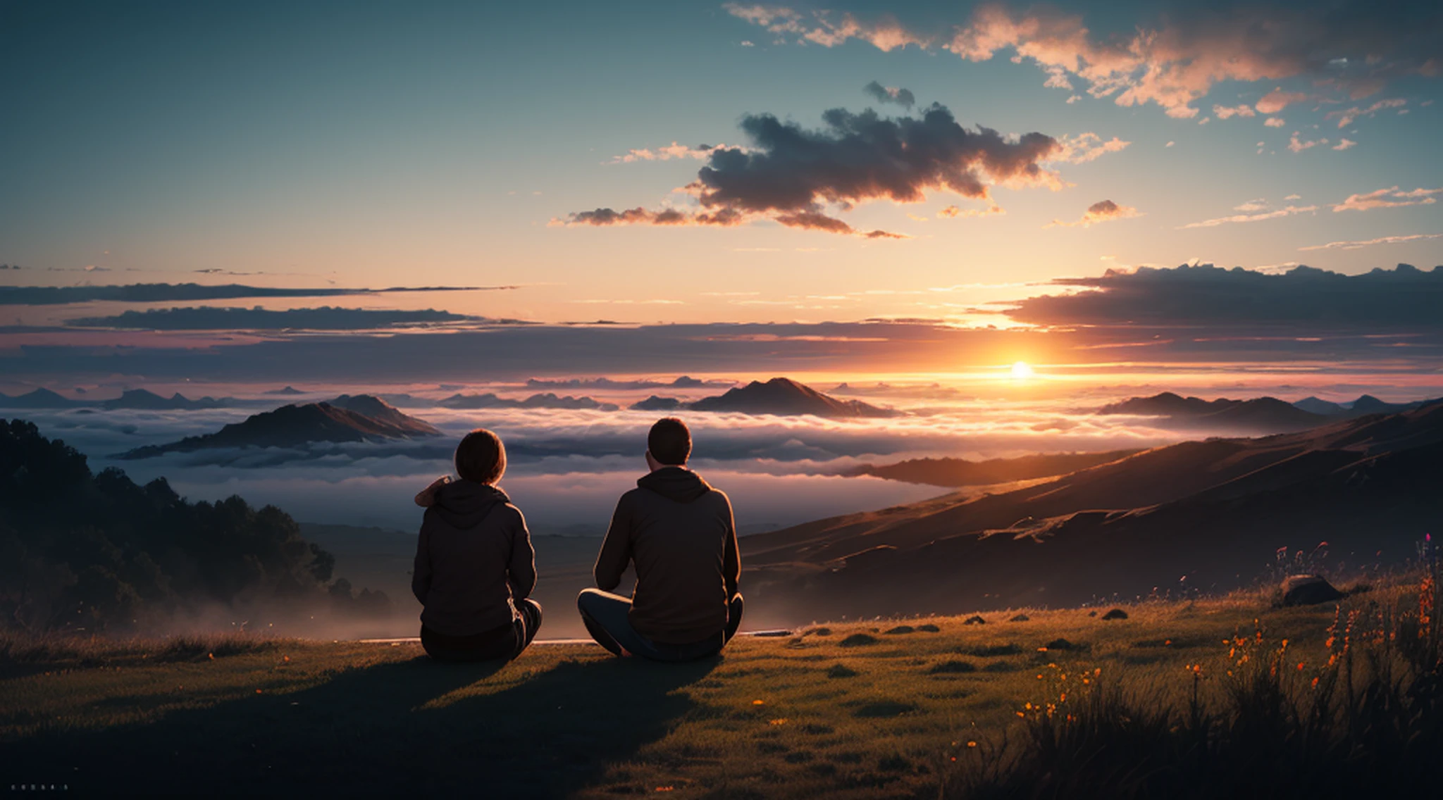(sunraise:1.5), A couple sitting on the top of a hill, (ultra-detailed:1.5), 32k, cinematic angle, floating, (detailed light), beautifully detailed sky, (lighting particle), fog, snow, (painting), (sketch), lifelike texture, Hires upscale: 1.7, Hires upscaler: 4x_NMKD-Siax_200k, Denoising strength: 0.45, (illustration), cinematic lighting, (bloom), Luminism, silhouette, backlighting, drop shadow, Ultra-Wide Angle