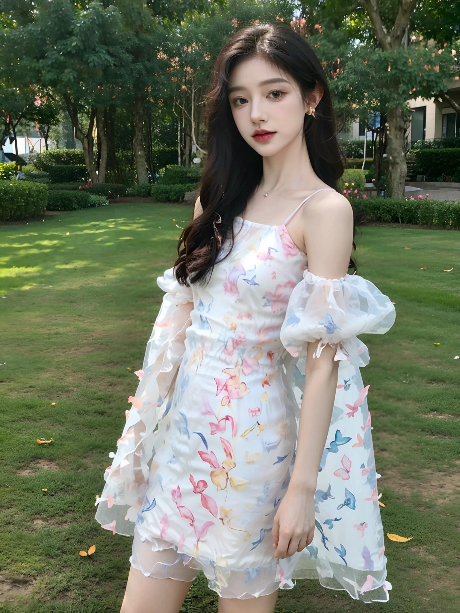 Woman in dress standing in the garden, Translucent dress, cute colorful adorable, aesthetic cute with flutter, dreamy dress, moth inspired dress, light half opened dress, magical dress, Cute dress, Summer dress, Colorful dress, pale robe, wearing organza gown, Romantic dress, translucent silky dress, transparent marble butterfly, Dreamy style, colorful pastel，（（（Open-mouthed，teeth）））