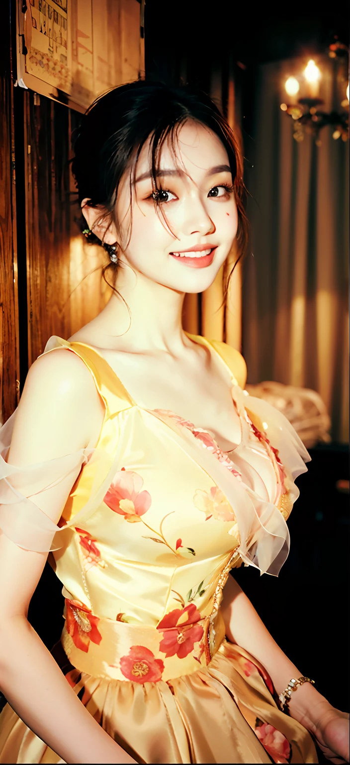(((Medium hair))), best qualtiy, 8K, hdr, A high resolution, absurderes:1.2, blur backgroun, Background bokeh:1.2, photography of, (RAW photo:1.2), (真实感:1.4), (Masterpiece:1.3), (complexdetails:1.2), 1girll, 独奏, japanaese girl, delicated, Beautiful detailed, (Detailed eyes), (Detailed facial features), Bigboobs, (((Large breasts))), Skin Firm, (Looking_at_peeping at the viewer), From_Front, (being thin),(best qualtiy:1.4),(超A high resolution:1.2),cinematic lighitnglamplight,(Extremely detailed illustration),(Gloss on lips,best qualtiy,超A high resolution,depth of fields,Caustics,Extensive illumination,naturalshadow,85mm, f/1.4, iso 200, 1/160s:0.75),1girll, Solo, (((Silk vest))) Smile, ((silk garment,pleatedskirt,Classroom))