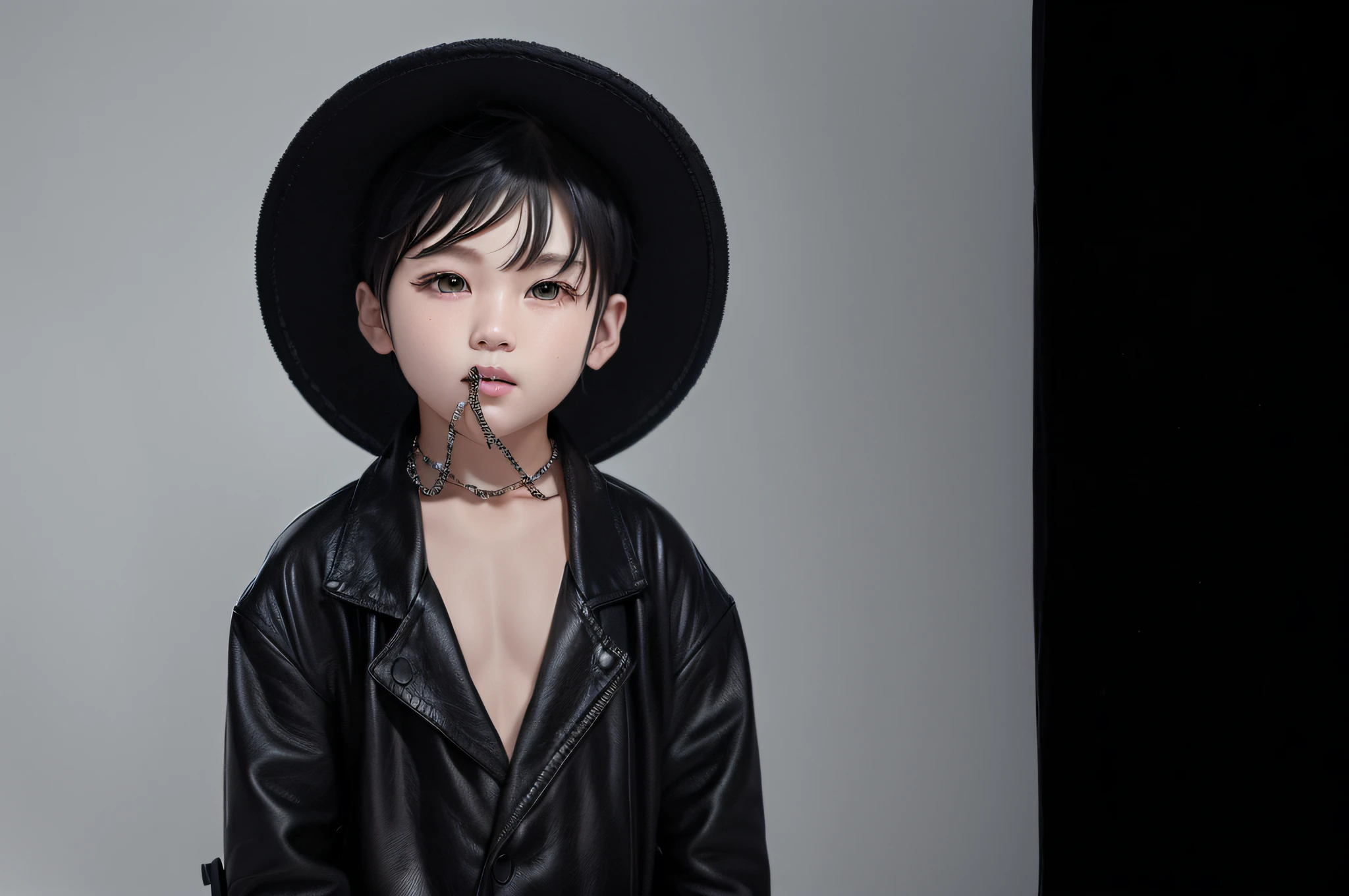 There was a little boy wearing a black hat and a leather jacket, inspired by Oliver Sin, inspired by Xia Yong, inspired by Xie Huan, frown fashion model, handsome japanese demon boy, inspired by Gang Hui-an, boy thin face, inspired by Kim Deuk-sin, inspired by Xia Shuwen, inspired by Taro Yamamoto