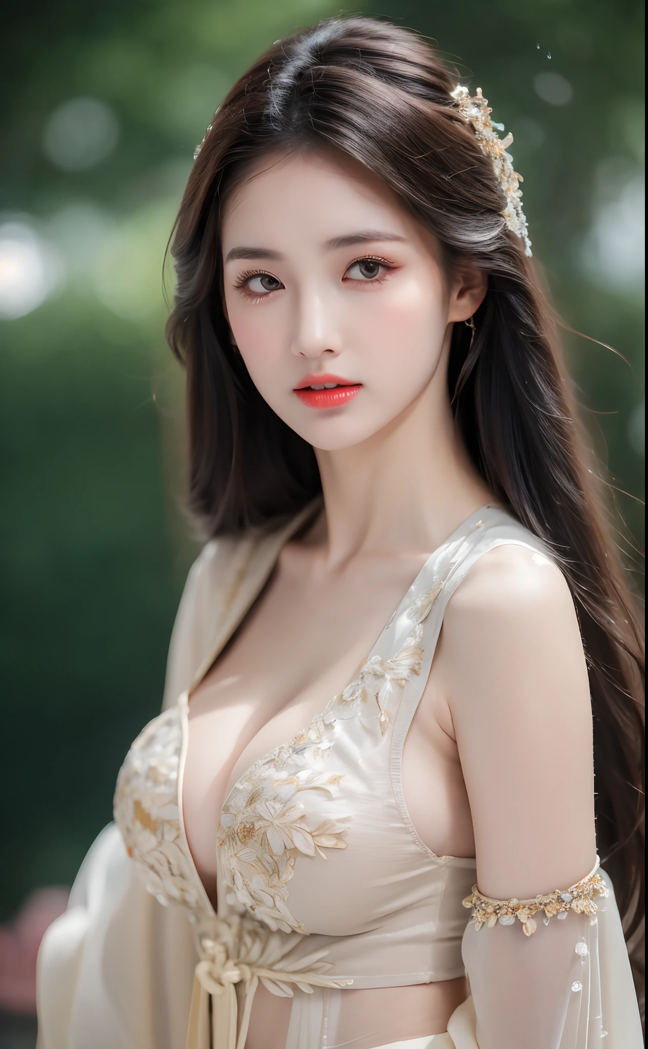 ((Best Quality, 8k, Masterpiece: 1.3)), Focus: 1.2, Perfect Body Beauty: 1.4, Buttocks: 1.2, ((Layered Haircut)), (Wet Clothes: 1.1), (Rain, Street:1.3), (Breasts: 1.2), (Hanfu: 1.2), Bare Shoulders, Bare Legs, Highly Detailed Face and Skin Texture, Fine Eyes, Double Eyelids, Whitened Skin, Long Hair, (Shut Up: 1.5), (Bokeh Background: 1.5), Big Breasts