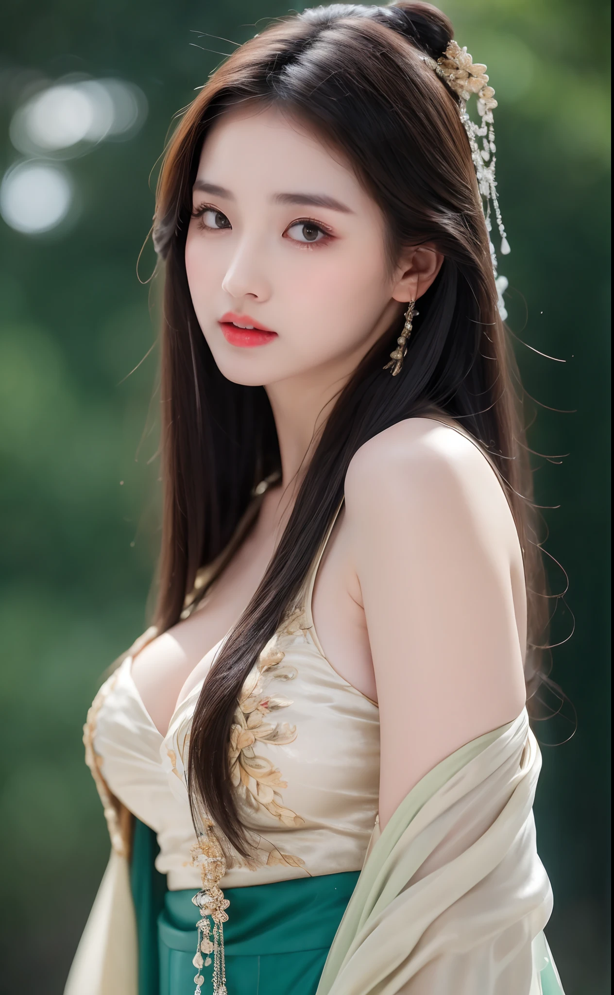 ((Best Quality, 8k, Masterpiece: 1.3)), Focus: 1.2, Perfect Body Beauty: 1.4, Buttocks: 1.2, ((Layered Haircut)), (Wet Clothes: 1.1), (Rain, Street:1.3), (Breasts: 1.2), (Hanfu: 1.2), Bare Shoulders, Bare Legs, Highly Detailed Face and Skin Texture, Fine Eyes, Double Eyelids, Whitened Skin, Long Hair, (Shut Up: 1.5), (Bokeh Background: 1.5), Big Breasts