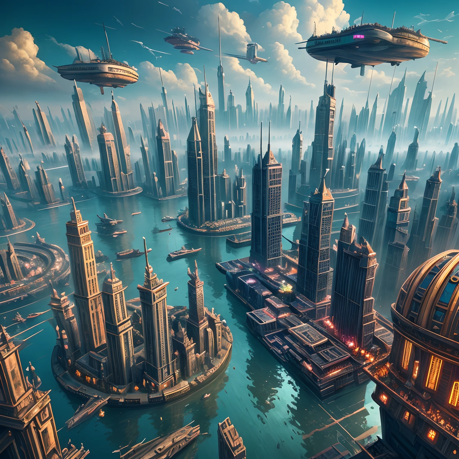 "Floating City": A steampunk metropolis suspended in the clouds, towering skyscrapers, Intricate bridges, and airships gliding between buildings, surrealism, color field printing, High detail, hyper HD, 8K, Anatomically correct, cinematic lighting 4d quality