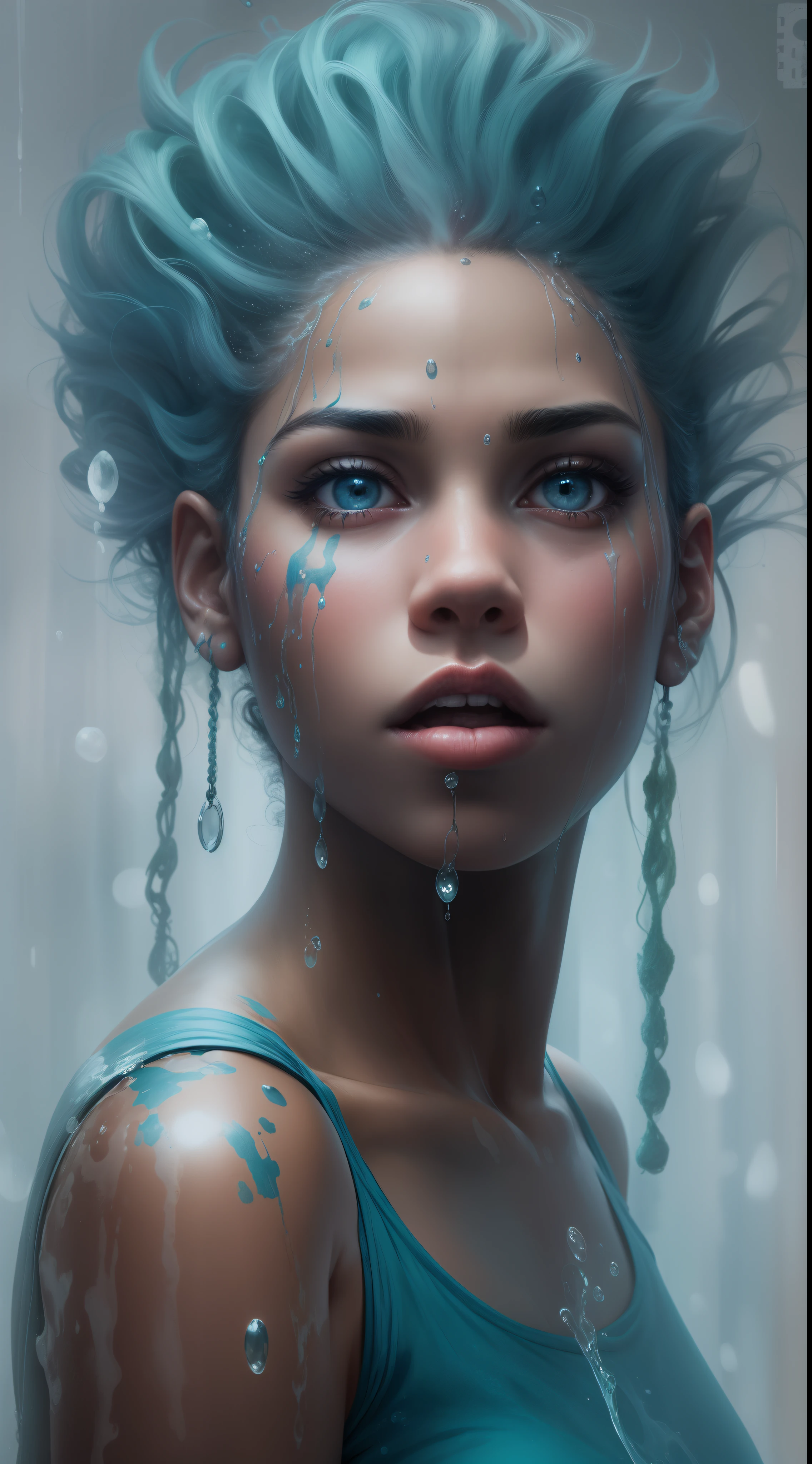 Retrato de uma garota 18 anos afro americana molhada cheia de tatuagens tribal,( behind her a large muscular alien monster), ((cabelo cacheado curto)) ,all wet with water, corpo molhado (( no banheiro em baixo do chuveiro)), seios grandes,cabelo azul molhado, body of water, Startled expression looking at the camera , vestido curto azul transparente, clima de tempestade chuvoso a noite,8k super realista