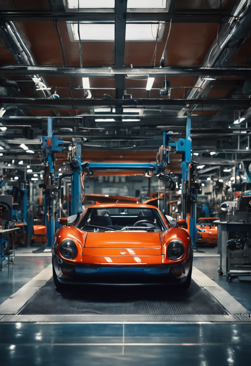 Imagem ultrarrealista, Blue sports car inside a machine shop.