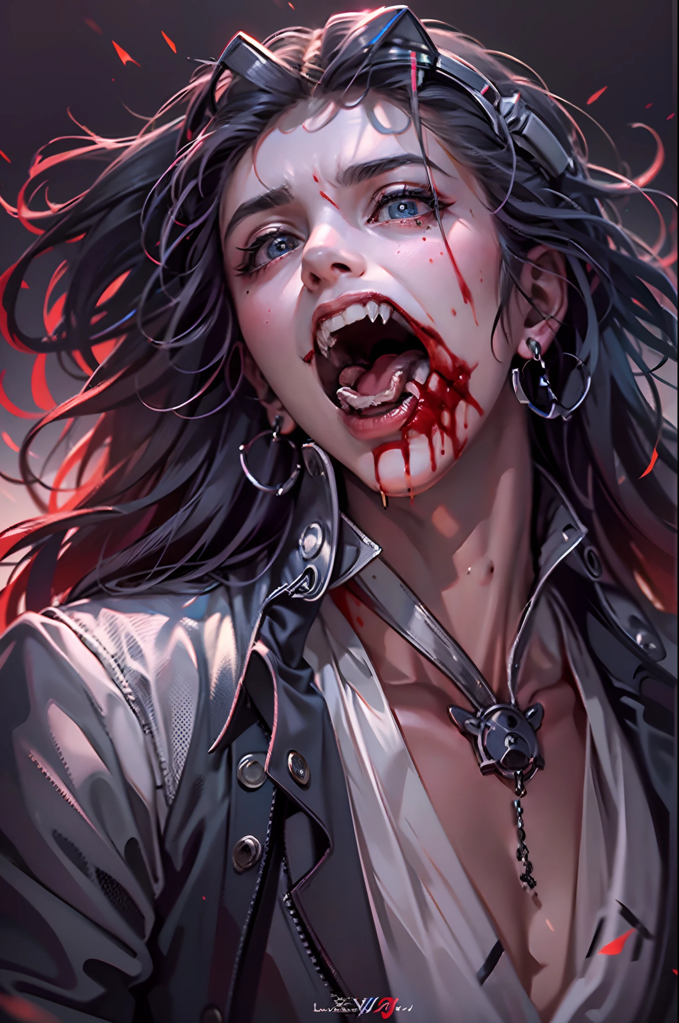 Handsome vampire teenager，closeup cleavage，head portrait，Open your mouth，Bat teeth，long canine teeth，There is blood on the teeth，long whitr hair，starryskybackground，swirles，depth of fields，dynamic blur，high light，Real light，Ray traching，oc rendered，Hyper-realistic，best qualtiy，8K，Works of masters，super-fine，Detailed pubic hair，Correct anatomy，sharp focus on eyes，Bokeh，Facial features are carefully depicted，The sky looks down，levitating，the space， --v 6