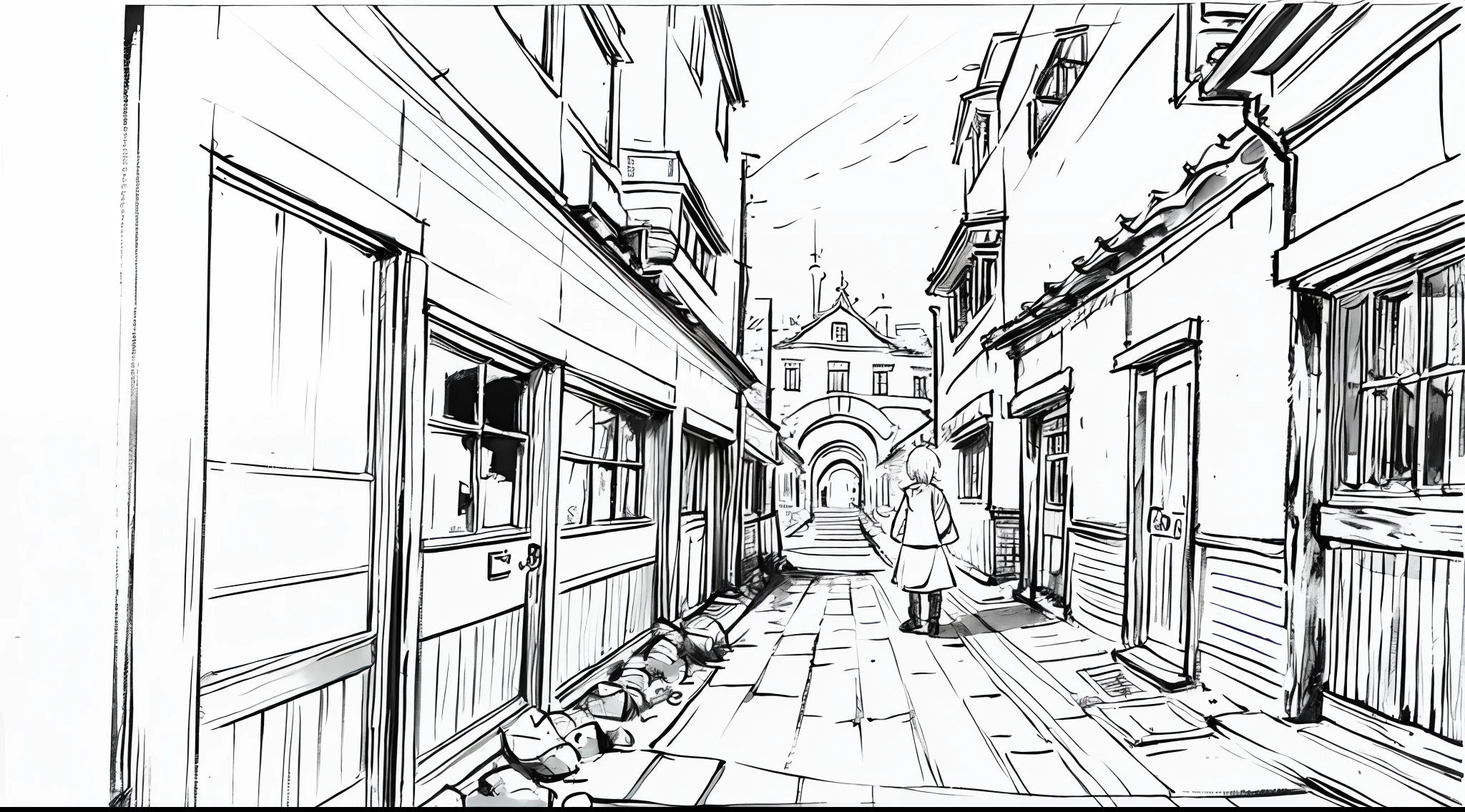 (masterpiece), (best quality), (anime), (rustic), (old), 1 young traveler holding 1 coin on a road near a beautiful castle, (((monochrome))), (((sketch)))