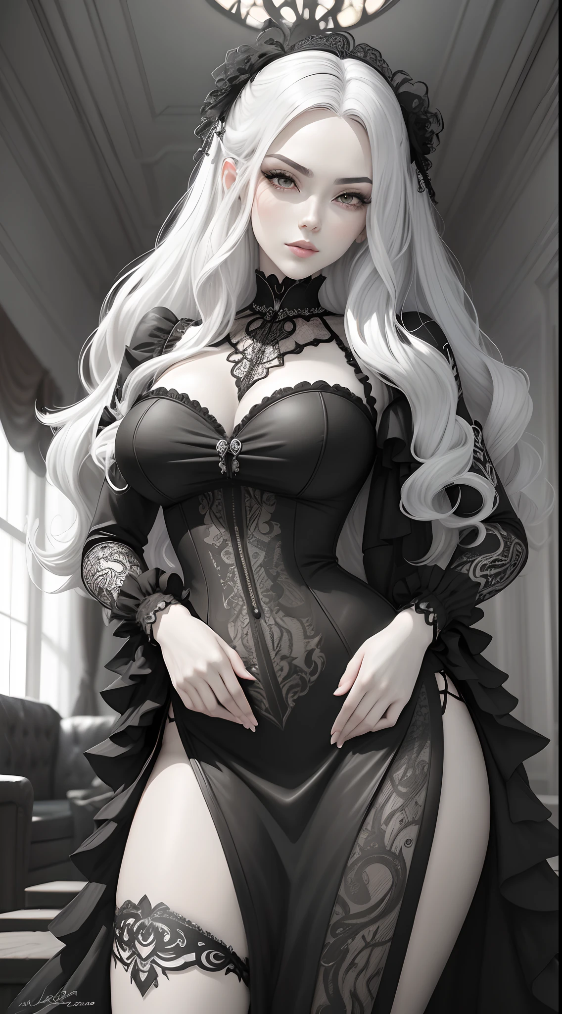 Black and white line art coloring page of a beautiful woman in the style of anime realism, wavy hair and perfect slim fit body, masterpiece digital art with gothic animecore influence, berry, vibrant, living room, highly detailed gothic style background, eye-catching composition, artgerm, milo manara, sharp focus, portrait