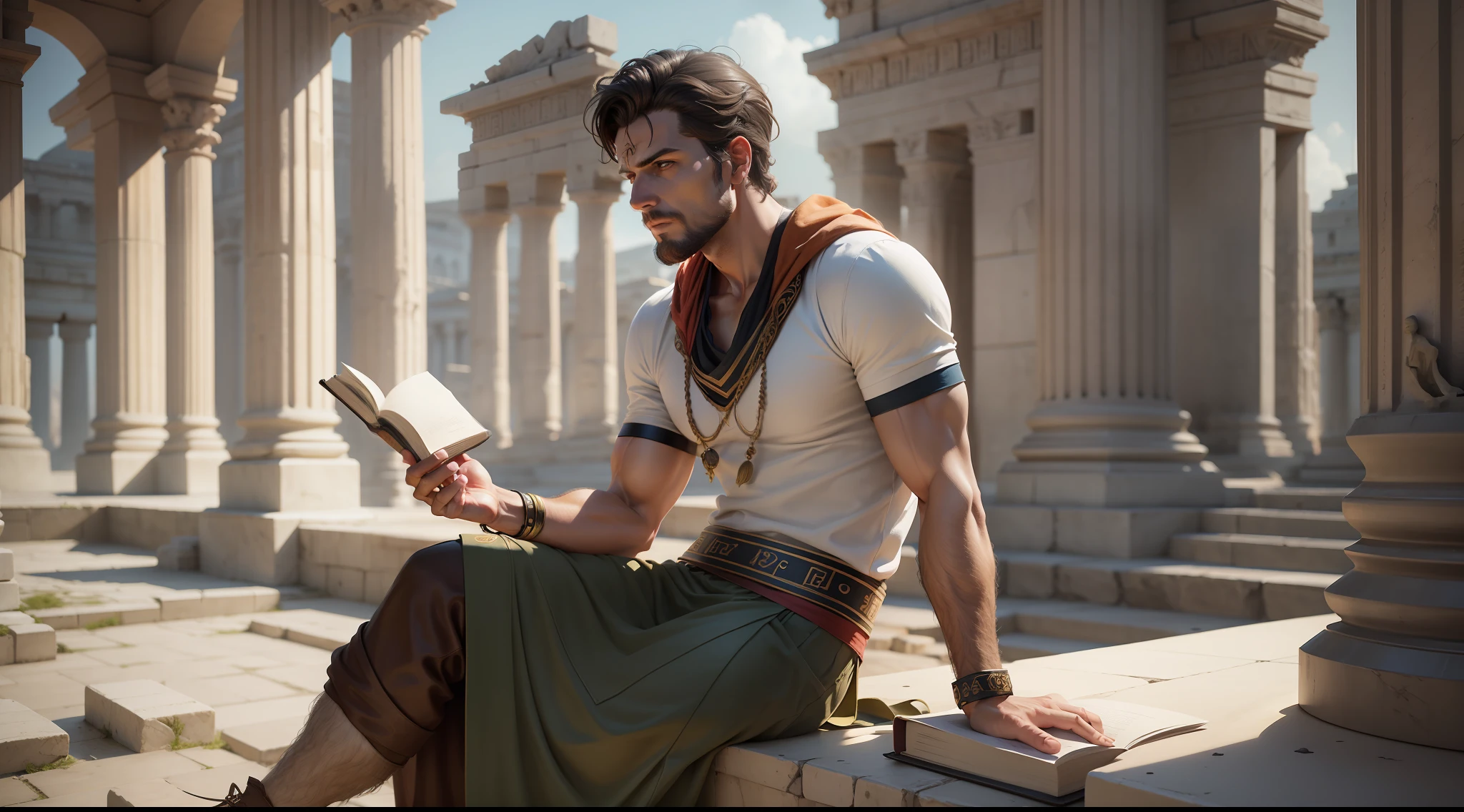 there is a mansitting on a ledge reading a book, by Mike Winkelmann, by Alexander Kucharsky, ancient greek man greek clothes, by Dietmar Damerau, matte painting portrait shot, by John La Gatta, inspired by Mike Winkelmann, at an ancient city, 3 d render and matte painting, trampling an ancient city, realistic fantasy render