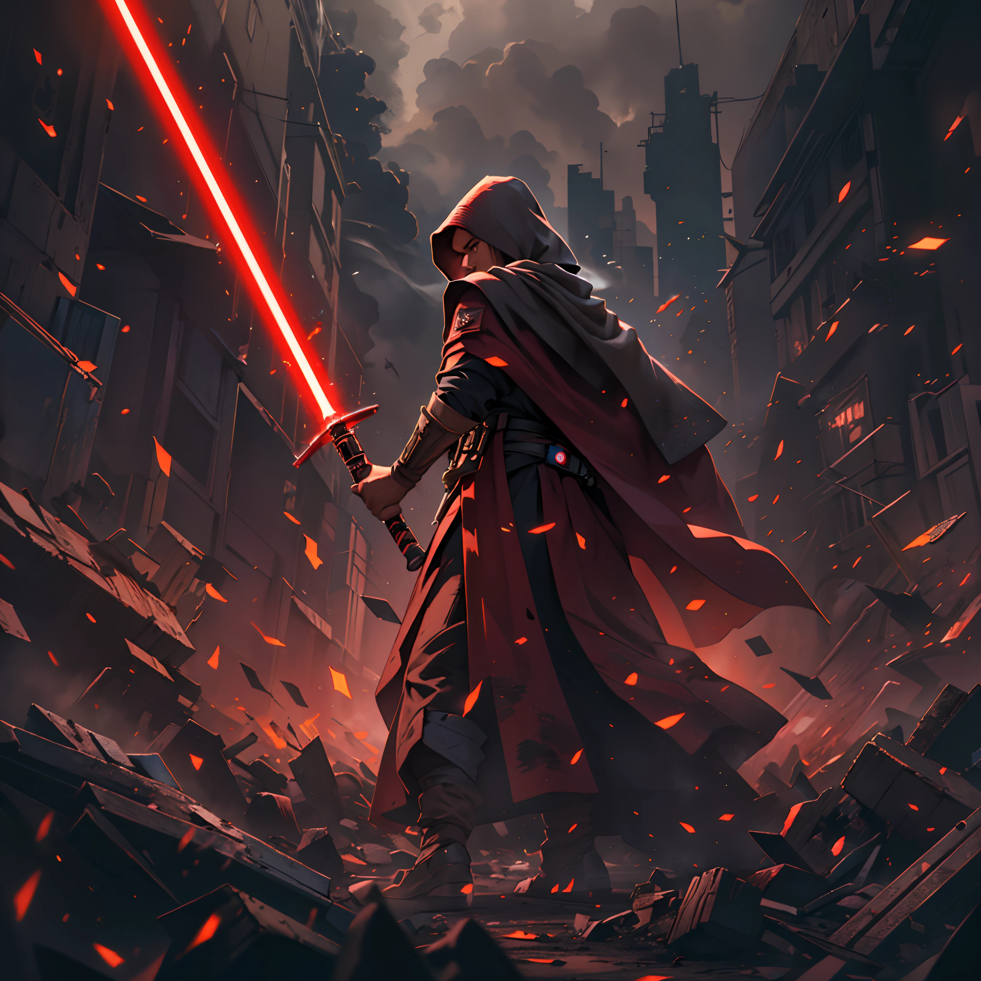 Standing body, Jedi, (illustration style), Battle debris on the ground, dark smoke, holding red double lightsaber, wallpaper, intricate background, amazing background, (as an action movie cover)