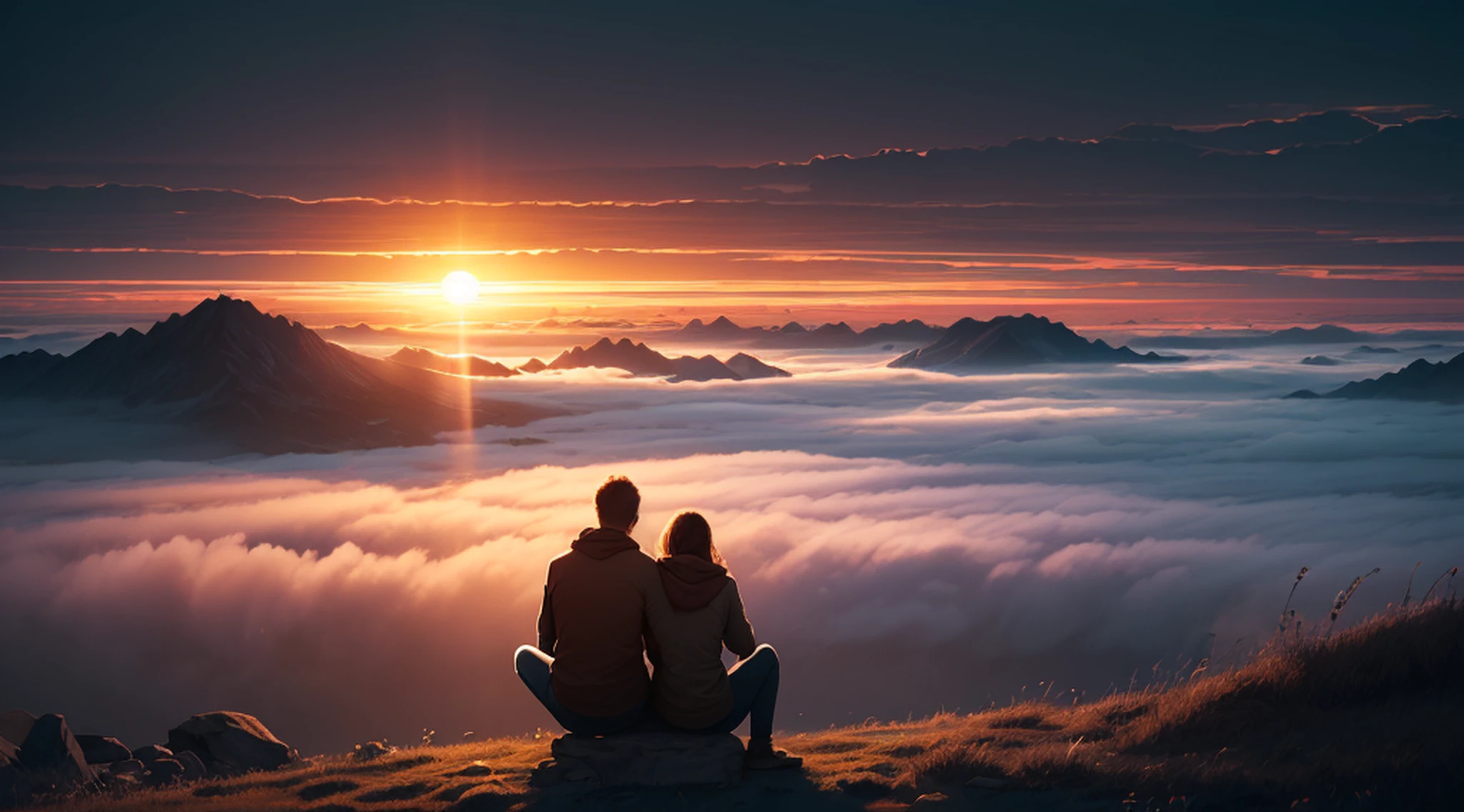 (sunraise:1.5), A couple sitting on the top of a hill, (ultra-detailed:1.5), 32k, cinematic angle, floating, (detailed light), beautifully detailed sky, (lighting particle), fog, snow, (painting), (sketch), lifelike texture, Hires upscale: 1.7, Hires upscaler: 4x_NMKD-Siax_200k, Denoising strength: 0.45, (illustration), cinematic lighting, (bloom), Luminism, silhouette, backlighting, drop shadow, Ultra-Wide Angle