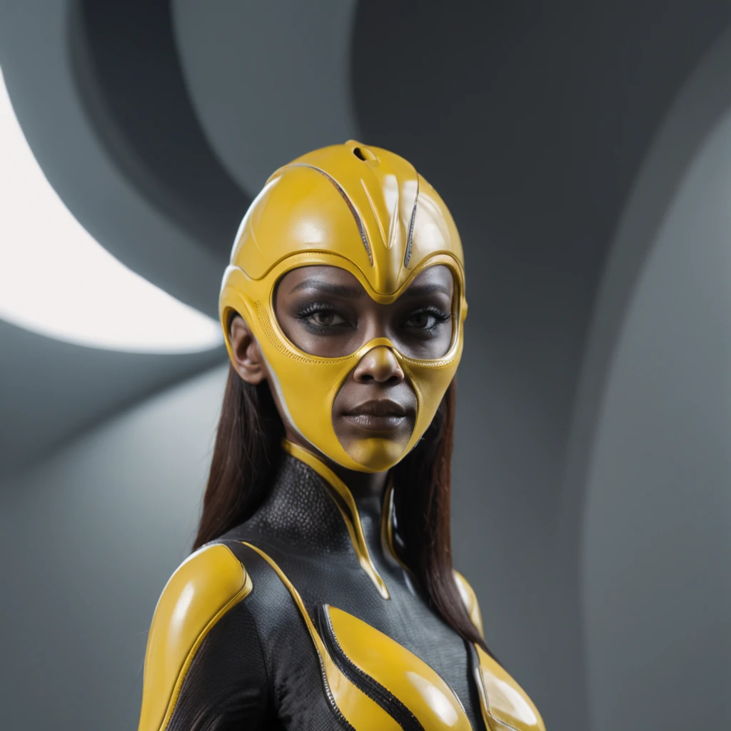 (professional 3d render:1.3) af (Realistic:1.3) most beautiful artwork photo in the world，african woman wearing a mask and yellow ridged and contoured organic costume with glass dome visor, movie still of the alien girl, alien woman, as a futuristic heroine, vespertine, futuristic clothing and glass, movie still, fashionable futuristic woman, iris van herpen rankin, female alien, alien girl, of a futuristic woman selk'nam. avante garde design stylings inspired by curves(Intricate:1.4), decadent, (Highly detailed:1.4), Digital painting, rendering by octane, art stations, concept-art, smooth, Sharp focus, illustration, Art germ, (loish:0.23), wlop ilya kuvshinov, and greg rutkowski and alphonse mucha gracias, (Global illumination, Studio light, volumettic light), heavy rain, particles floating, lotr, fantasy, elf, full bodylesbian, ((Dark and ancient city background:1.3)),CGSesociety,art stations