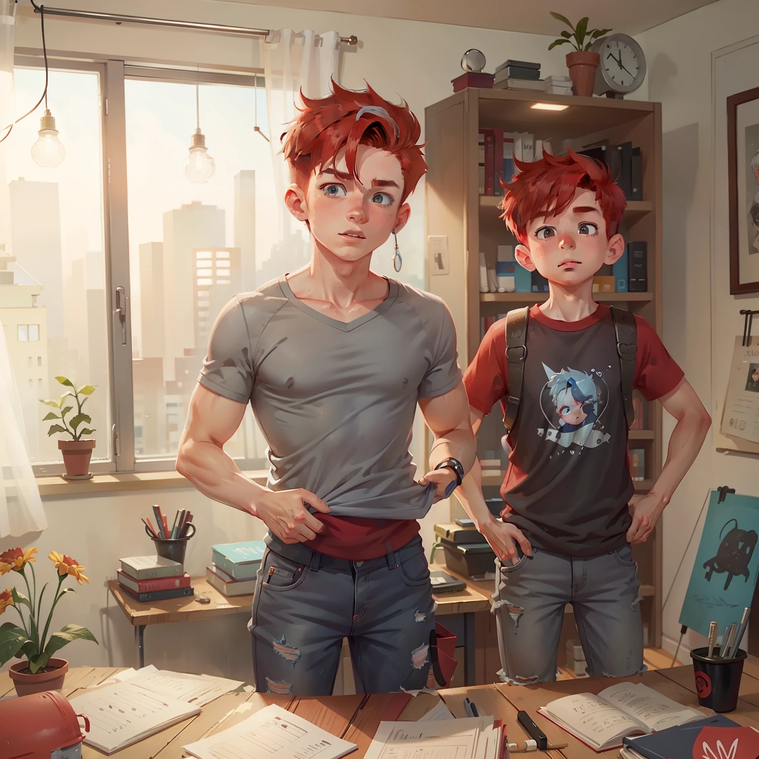 Red hair teen boy whit gray top and bule jean