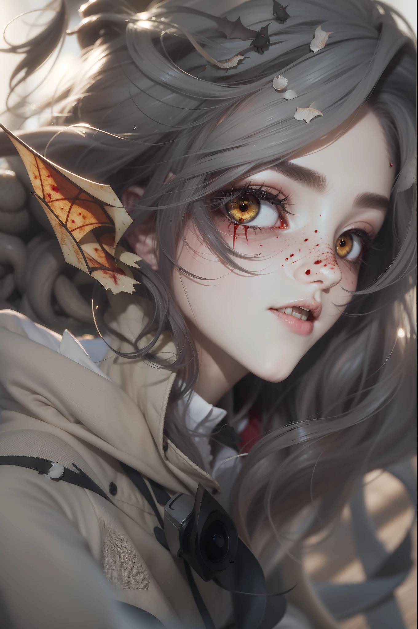 Handsome Count Vampire，closeup cleavage，head portrait，Open your mouth，the bats，long canine teeth，There is blood on the teeth，long whitr hair，（bleeding from the corners of her mouth：1.4），Blood splattered，depth of fields，dynamic blur，high light，Real light，Ray traching，oc rendered，Hyper-realistic，best qualtiy，8K，Works of masters，super-fine，Detailed pubic hair，Correct anatomy，sharp focus on eyes，Bokeh，Facial features are carefully depicted，The sky looks down，levitating，the space， --v 6