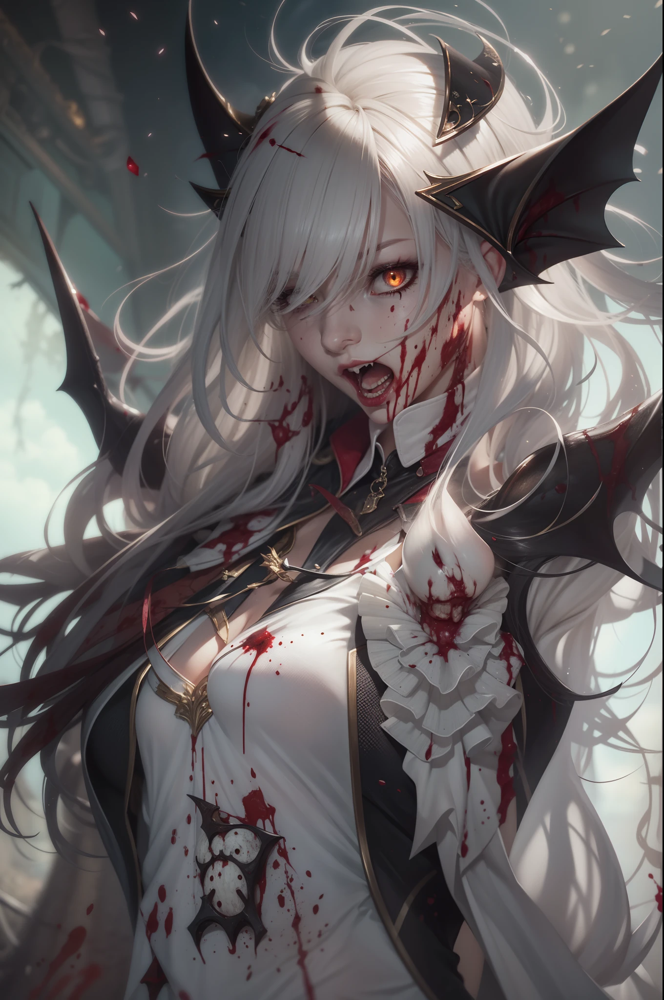 Handsome Count Vampire,closeup cleavage,head portrait,Open your mouth,the bats,long canine teeth,There is blood on the teeth,long whitr hair,(bleeding from the corners of her mouth:1.4),Blood splattered,depth of fields,dynamic blur,high light,Real light,Ray traching,oc rendered,Hyper-realistic,best qualtiy,8K,Works of masters,super-fine,Detailed pubic hair,Correct anatomy,sharp focus on eyes,Bokeh,Facial features are carefully depicted,The sky looks down,levitating,the space, --v 6