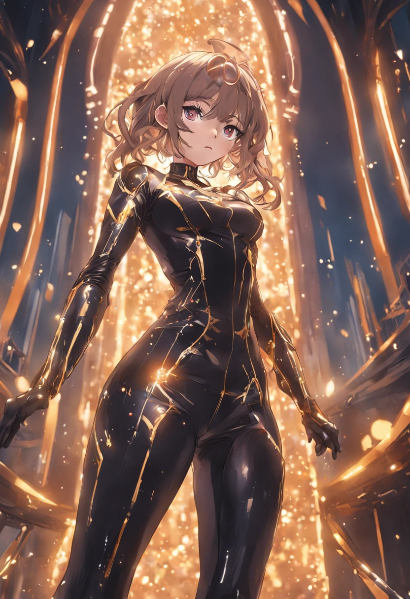 (((best quality))), (((masterpiece))), solo, super fine photo, full body picture Unreal Engine 5 8K UHD, beautiful woman, curvy woman, face detailed, wearing skin tight latex catsuit with gold lace, latex collar, latex gloves, latex long socks with straps, arm and leg cuffs, unified 8k wallpaper, hyper detailed, sharp focus, walking in the futuristic city.