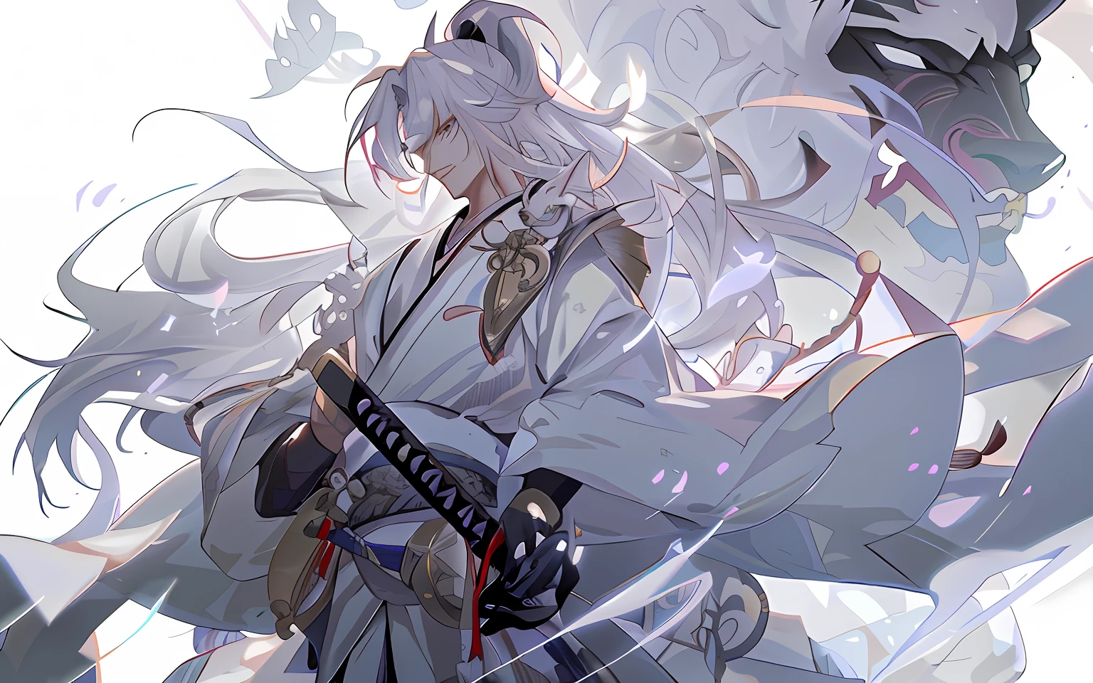 Anime - a stylized image of a man with a sword and a demon, From the night of the ark, Onmyoji detailed art, Keqing from Genshin Impact, onmyoji, arknight, Genshin impact's character, zhongli from genshin impact, flowing white robe, Genshin, by Yang J, onmyoji portrait, Genshin Impact, Genshin Impact style