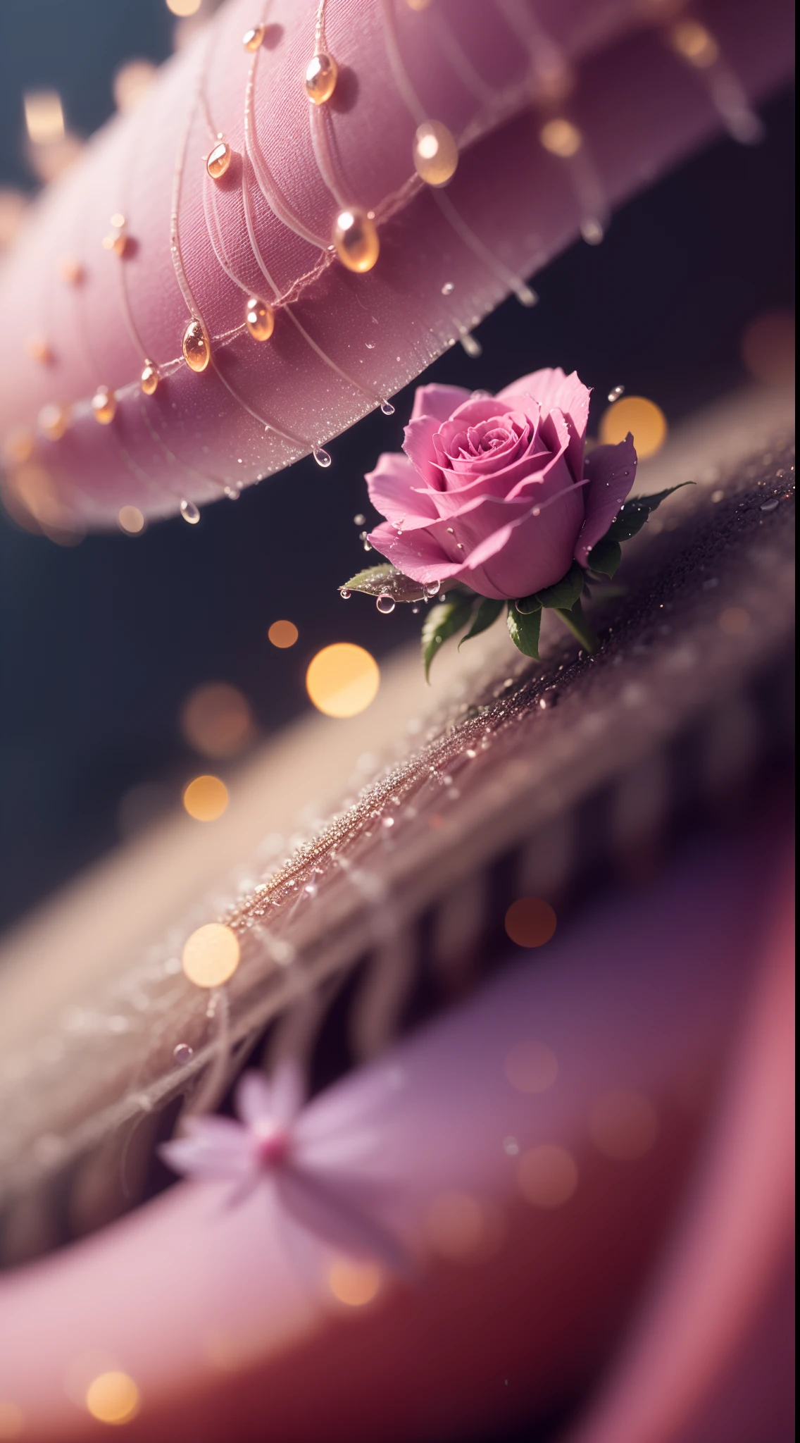 Divinely beautiful  microscopic world , Masterpiece , Macro photography , cobweb, close up, film grain, chromatic aberration, neon bokeh , smoke , highly detailed, Bright sunny weather, microflowers, drops, blur, giant mauve rose