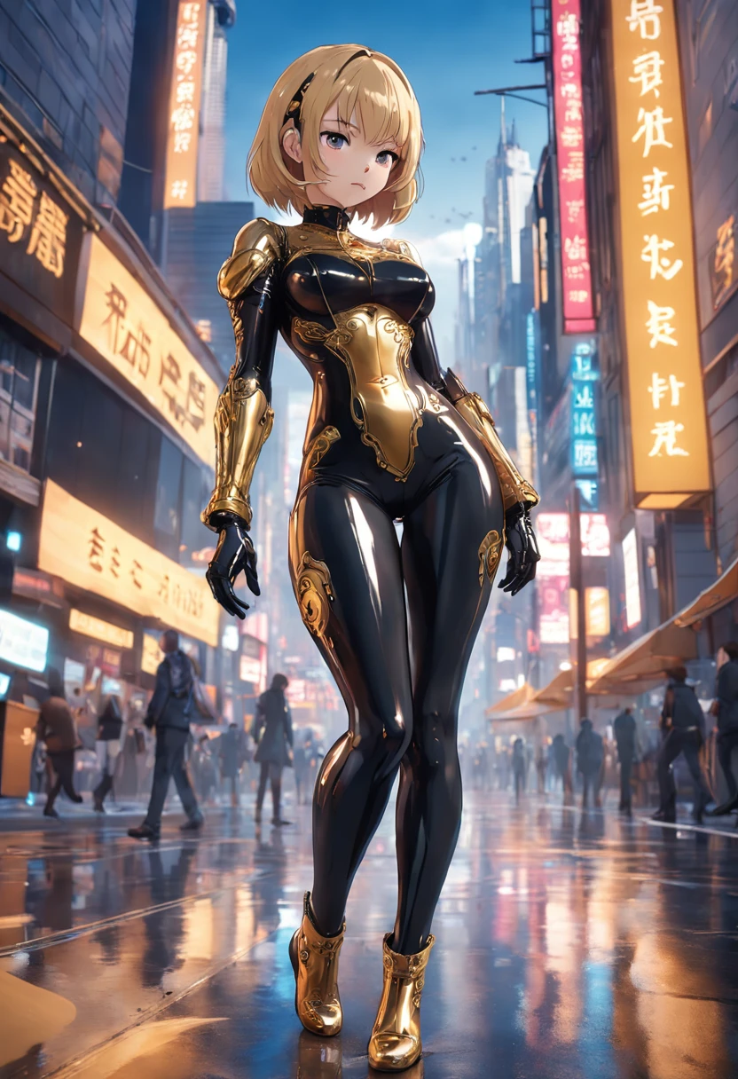 (((best quality))), (((masterpiece))), solo, super fine photo, full body picture Unreal Engine 5 8K UHD, beautiful woman, curvy woman, face detailed, wearing skin tight latex catsuit with gold lace, latex collar, latex gloves, latex long socks with straps, arm and leg cuffs, unified 8k wallpaper, hyper detailed, sharp focus, walking in the futuristic city.