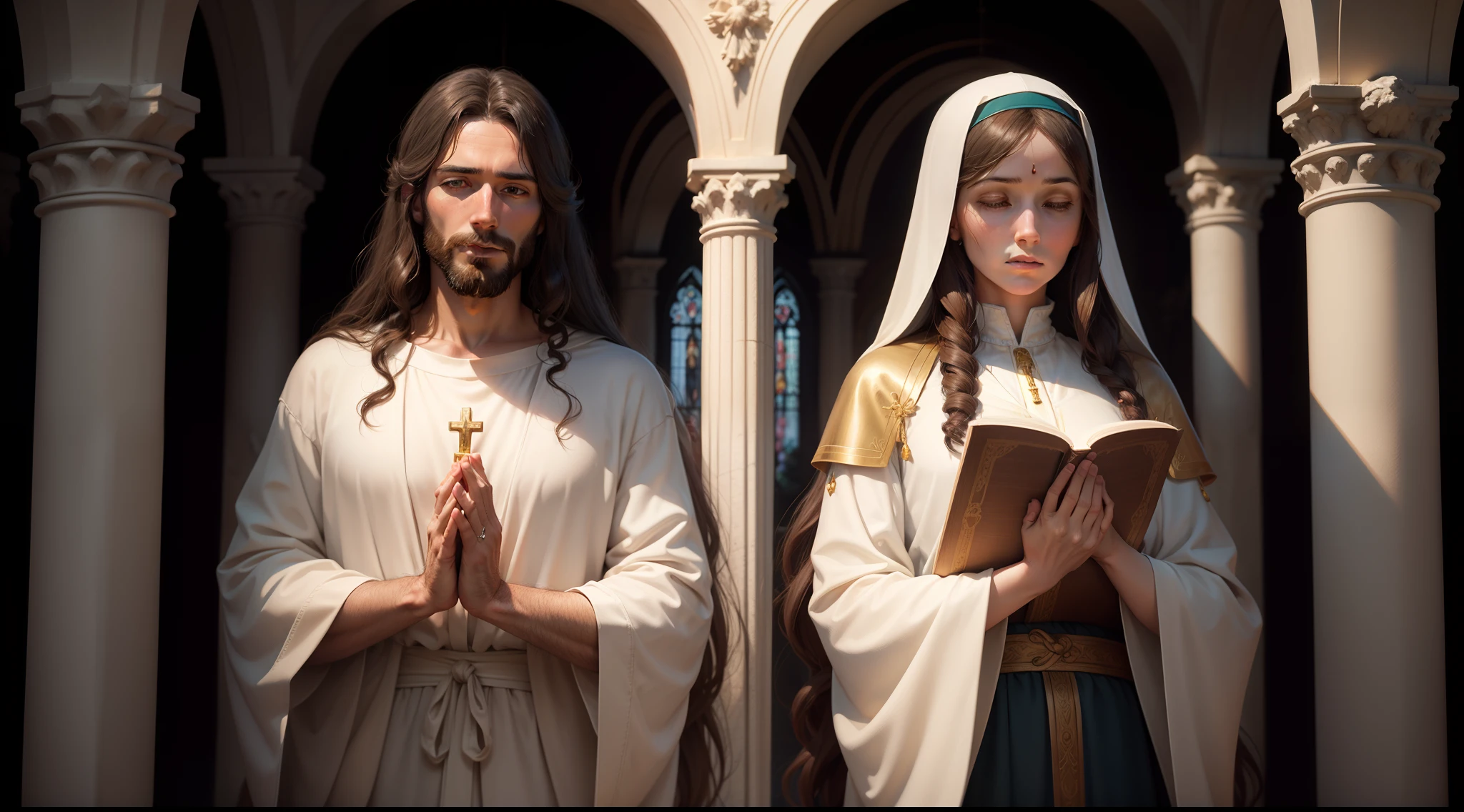 Create realistic images of Jesus Christ and Mary saying Evening Prayers.