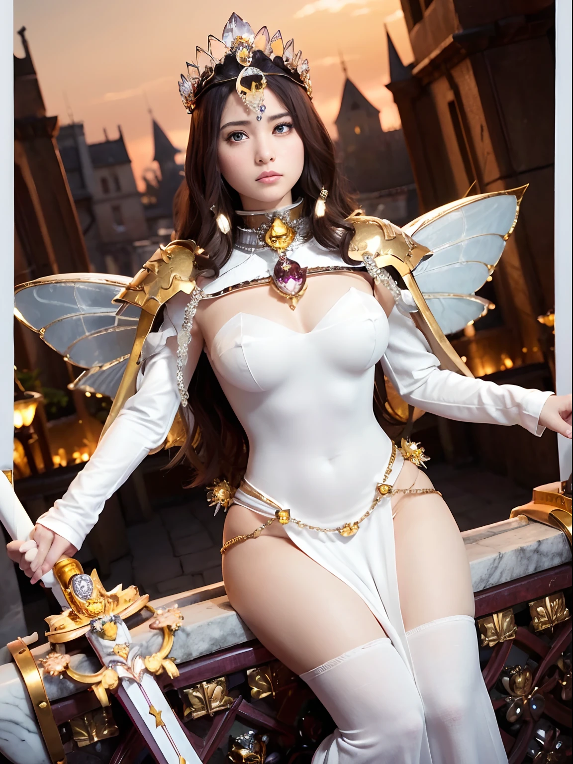 (masutepiece), Professional , masterpiece、top-quality、photos realistic , depth of fields (Gemstone Silver Metal Body:1.9),(Matte White、Jewel Gold Weapon、(Gorgeous castle background)、(ultimate beauty girl)、(Fairy wings grow on her back)、(Jewel Metal Body:1.9),Gorgeous Jewel Metal Weapons , Detailed Sword of the Brave ,( Tears from the eyes) ,warhammer 40k , adepta sororitas,Detail and ornate jewel crown、独奏、Brown hair、(Gangle's forest background)、Beautiful Caucasian beauty、1a person、dynamic ungle,(((Diamond tiara with detail and luxury)))、a small face、Powerful poses、(Gorgeous castle background)、huge filesize、20 year old beautiful woman、Stand in the center of the screen、Thin female fingers、Straight long hair、Beautiful Caucasian beauty、cleavage of the breast、