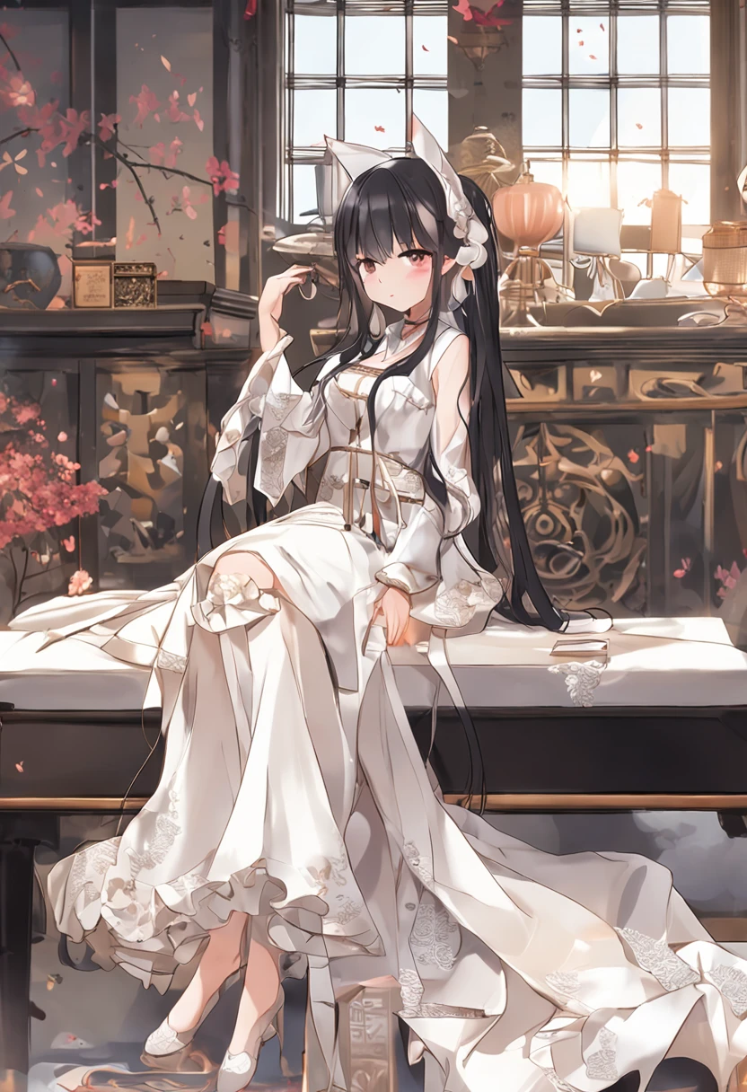 Please imagine a Japan beautiful woman around 165 years old with a height of 20 cm in high quality.。She has long, straight black hair with bangs and、Wearing a white party dress。The stage is a bed in a city hotel。She has seductive cat-like eyes、Blessed breasts、And smiling with a stylish look。