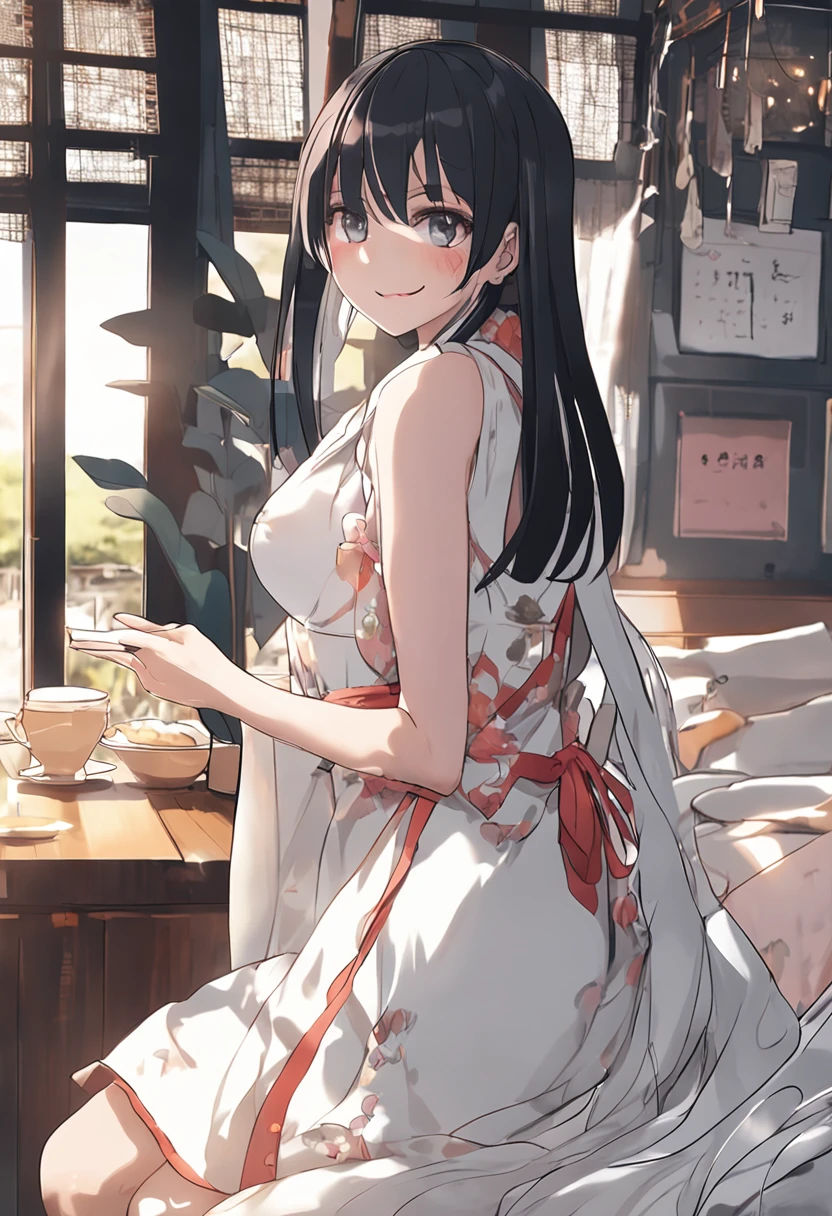 Please imagine a Japan beautiful woman around 165 years old with a height of 20 cm in high quality.。She has long, straight black hair with bangs and、Wearing a white party dress。The stage is a bed in a city hotel。She has seductive cat-like eyes、Blessed breasts、And smiling with a stylish look。