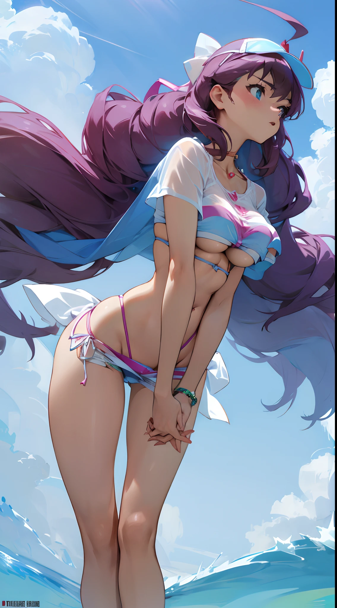 "(rosa Bikini + Perfekte Proportionen + big boobs), see-through white t-shirt, Strandszene. perfect hands, nicht mehr als 2 Arme."