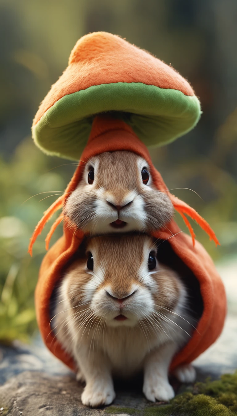 adorable creature，Similar to a mixture of rabbit and carrot, Adorable, Cute, Furry, Fluffy, forest, Mushrooms, Wear a mushroom hat