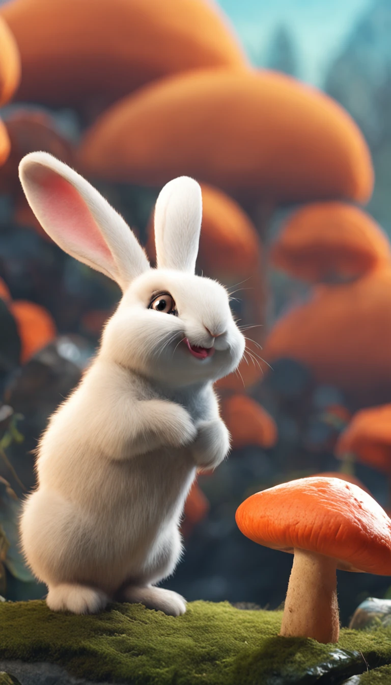 adorable creature,Similar to a mixture of rabbit and carrot, Adorable, Cute, Furry, Fluffy, forest, Mushrooms, Wear a mushroom hat