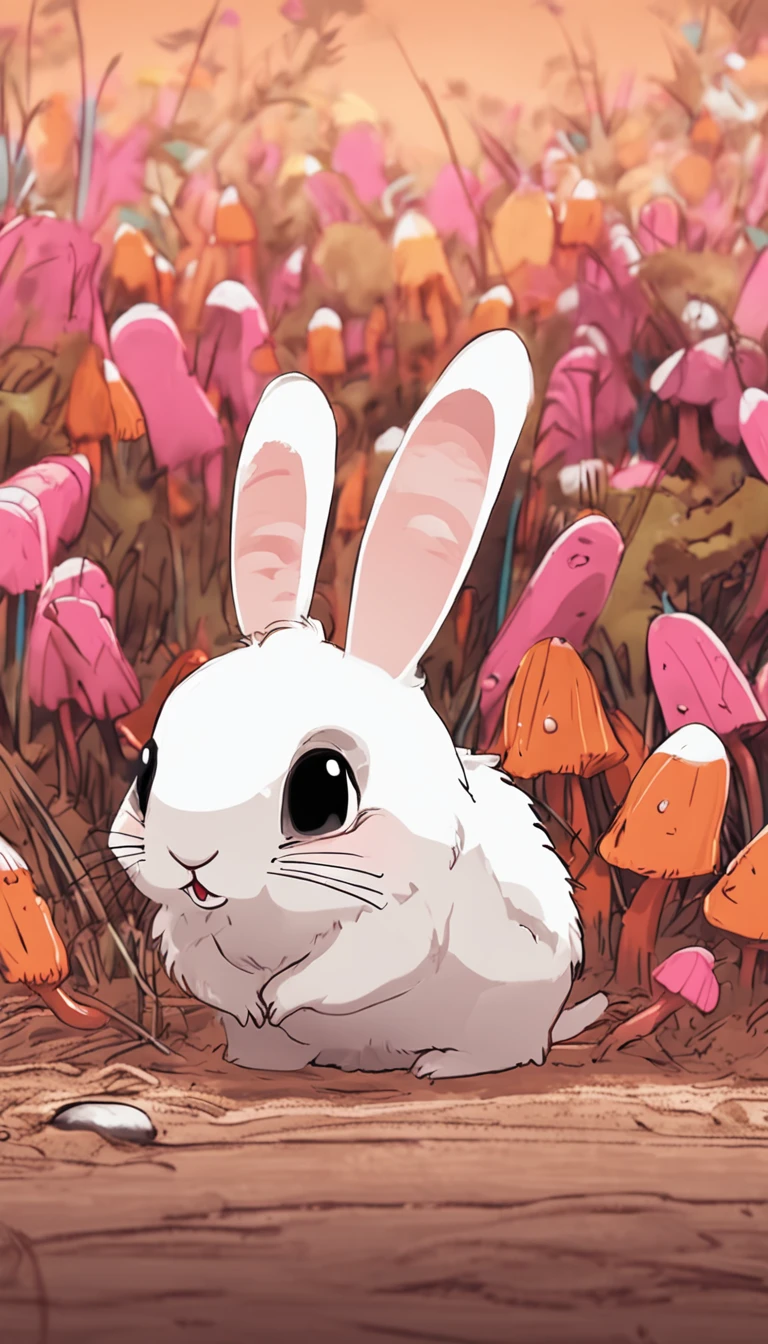 adorable creature,Similar to a mixture of rabbit and carrot, Adorable, Cute, Furry, Fluffy, forest, Mushrooms, Wear a mushroom hat