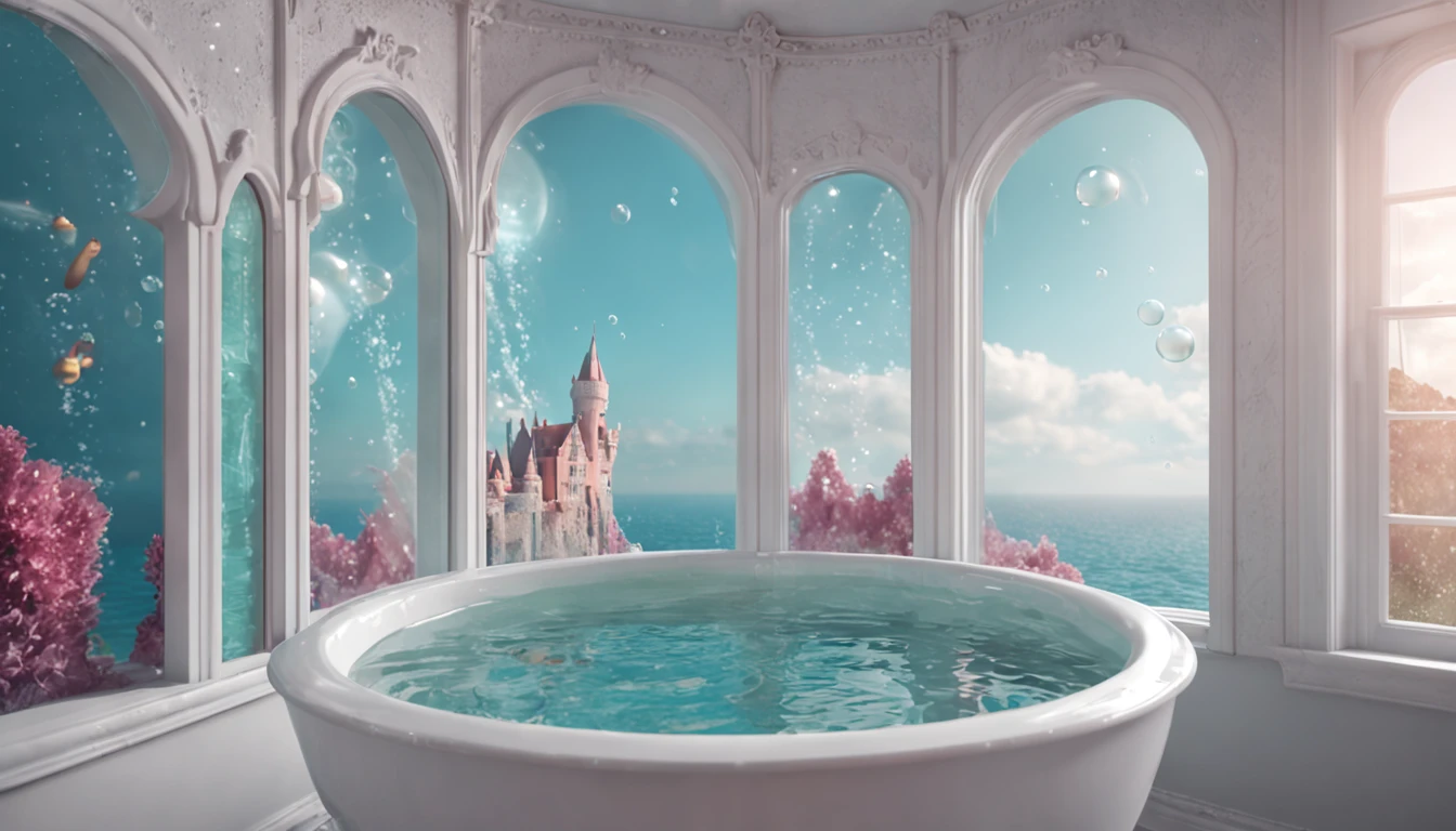 There is a bubble tub in a bathroom with a window, beautiful detailed fantasy, fantasy seascape, Bubbling Underwater Landscape, highly detailed magical fantasy, Fairy tale style background, Beautiful render from a fairy tale, Stunning Fantasy 3D render, Magic Kingdom of the Little Mermaid, scary magical background, magical 3d details, whimsical fantasy landscape art, realistic fantasy illustration, magical fairy background