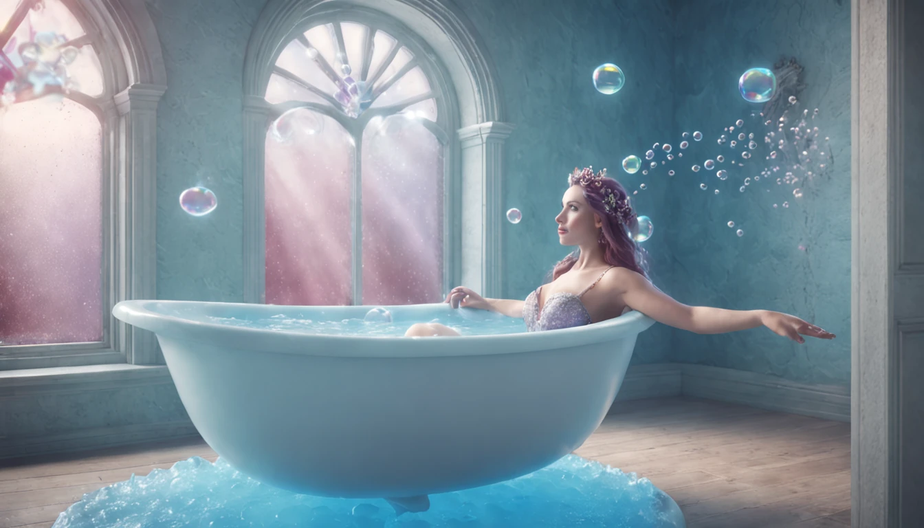 Young girl named Melody, with long black flowing locks, eagerly entered the bathroom, her heart filled with excitement. The soft, cinematic light guided her path towards the bathtub. With a graceful gesture, she poured in the shimmering, sapphire-blue bath salts, transforming the water into a magical lagoon. The heavenly aroma of lavender filled the room as Melody slipped into the comforting embrace of the tub. Her loyal companion, Bubbles, the rubber ducky, accompanied her, floating gently by her side. Melody's eyes closed, and her imagination took flight. In her mind, she sailed on the waves with mermaids, danced