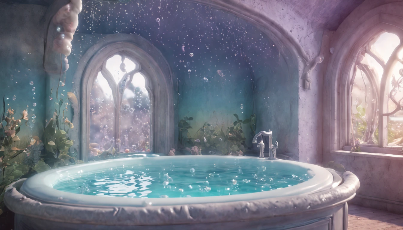 There is a bubble tub in a bathroom with a window, beautiful detailed fantasy, fantasy seascape, Bubbling Underwater Landscape, highly detailed magical fantasy, Fairy tale style background, Beautiful render from a fairy tale, Stunning Fantasy 3D render, Magic Kingdom of the Little Mermaid, scary magical background, magical 3d details, whimsical fantasy landscape art, realistic fantasy illustration, magical fairy background