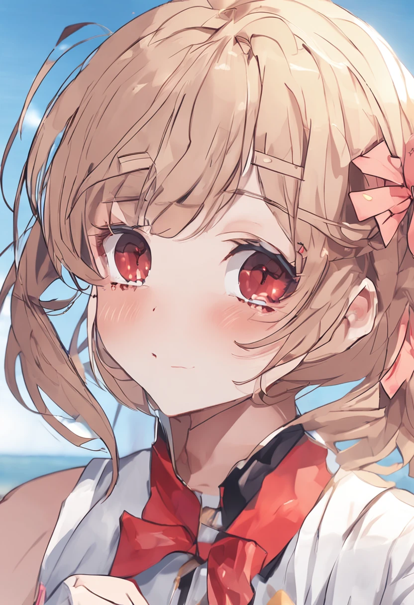 Very cute girl、soio、real looking skin、no-makeup、Beautiful skins、cute  face、Natural eyes, skin and hair、Japan cheergirl posing dynamically on the beach、Cute little girl s、a beauty girl、Short-cut hairstyles、Ribbon hair ornament、a closeup、cosplay foto、Anime Cosplay、（tiny chest）、（flat breast）、RAW Photography, top-quality, hight resolution, (​masterpiece), (Photorealsitic:1.4), professional photograpy, foco nítido, HDR, 8K分辨率, intricate detailes, depth of fields, the Extremely Detailed CG Unity 8K Wallpapers, front lit, NSFW, beautiful supermodel, Happy smile、Smile、A slender、Small Cheer Uniform、amarelo、Marie Rose、Satin fabric、face perfect、Perfect eyes、Satin Doll、13years、Smiling at the camera、