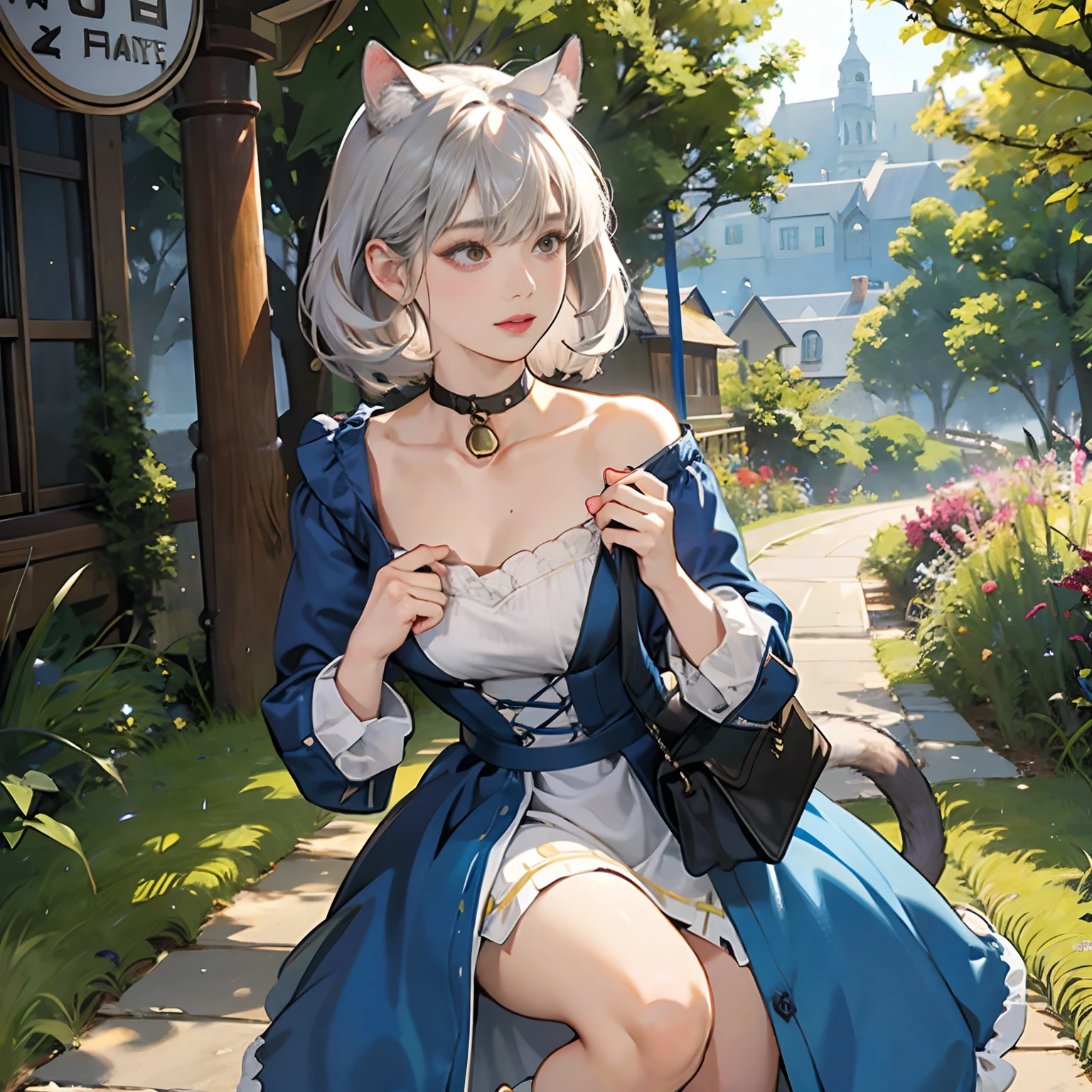 Women in Their 20s, offcial art, unity 8k wall paper, ultra-detailliert, beautifly、Aesthetic, ​masterpiece, top-quality, Photorealsitic, Dynamic poses、Cat-eared clan、Cat's ears、Very thick wildcat tail:2.0、very thick and long tail、Dark brown eyes、Silver-white hair、Hair that stands on end、Short hair that sprinkled outside、Blue dress、Collar with bell:1.5、Iron claw、Shoulder bag、depth of fields, Fantastic atmosphere, Calm palette, tranquil mood, Soft shading、Steppe Highway、You can see the forest in the distance、Stone signpost、Beautiful Landscapes、bbw、very large breast、plump figure