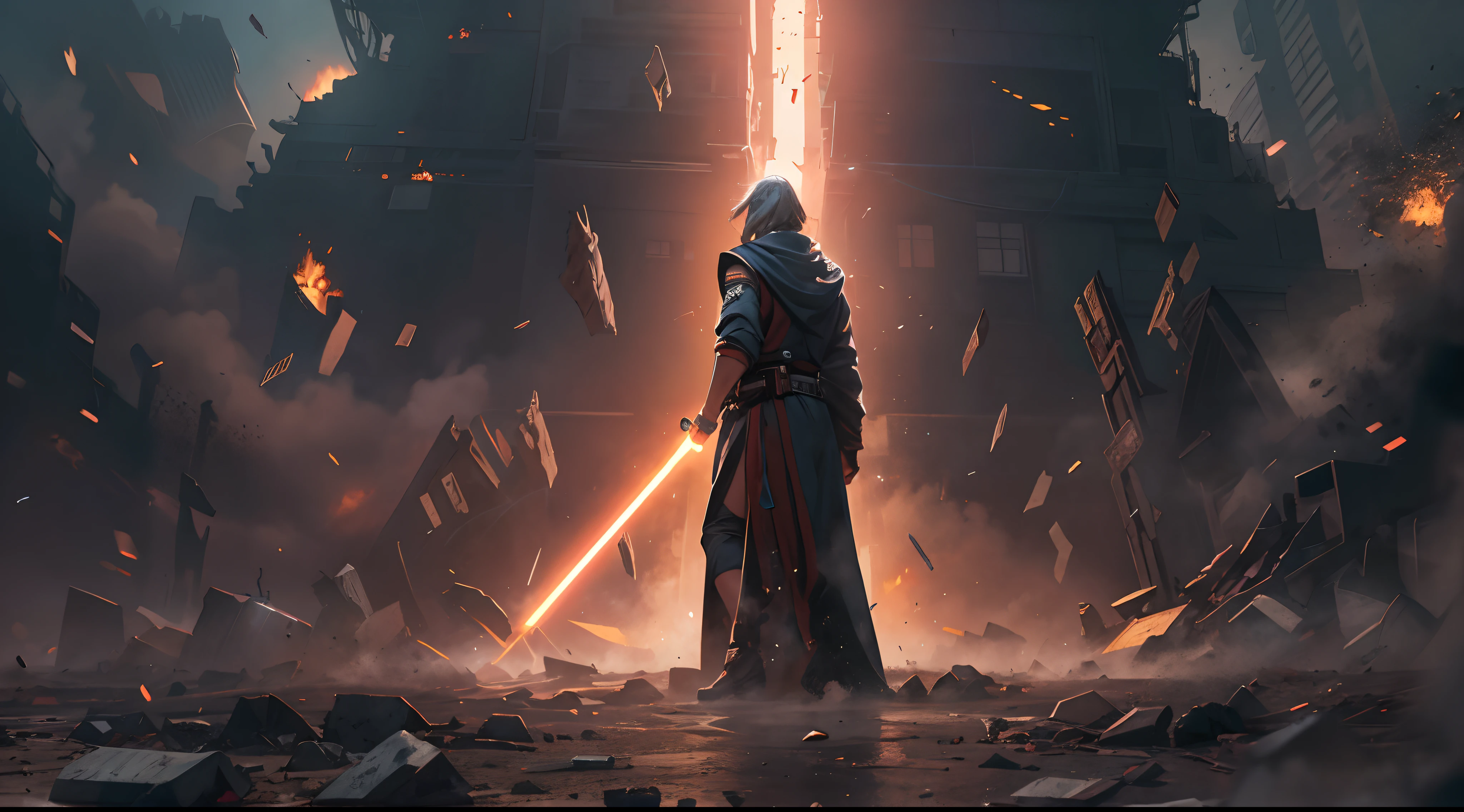 Standing body, Jedi, (illustration style), Battle debris on the ground, dark smoke, wallpaper, intricate background, amazing background, action scene, (like an action movie cover)
