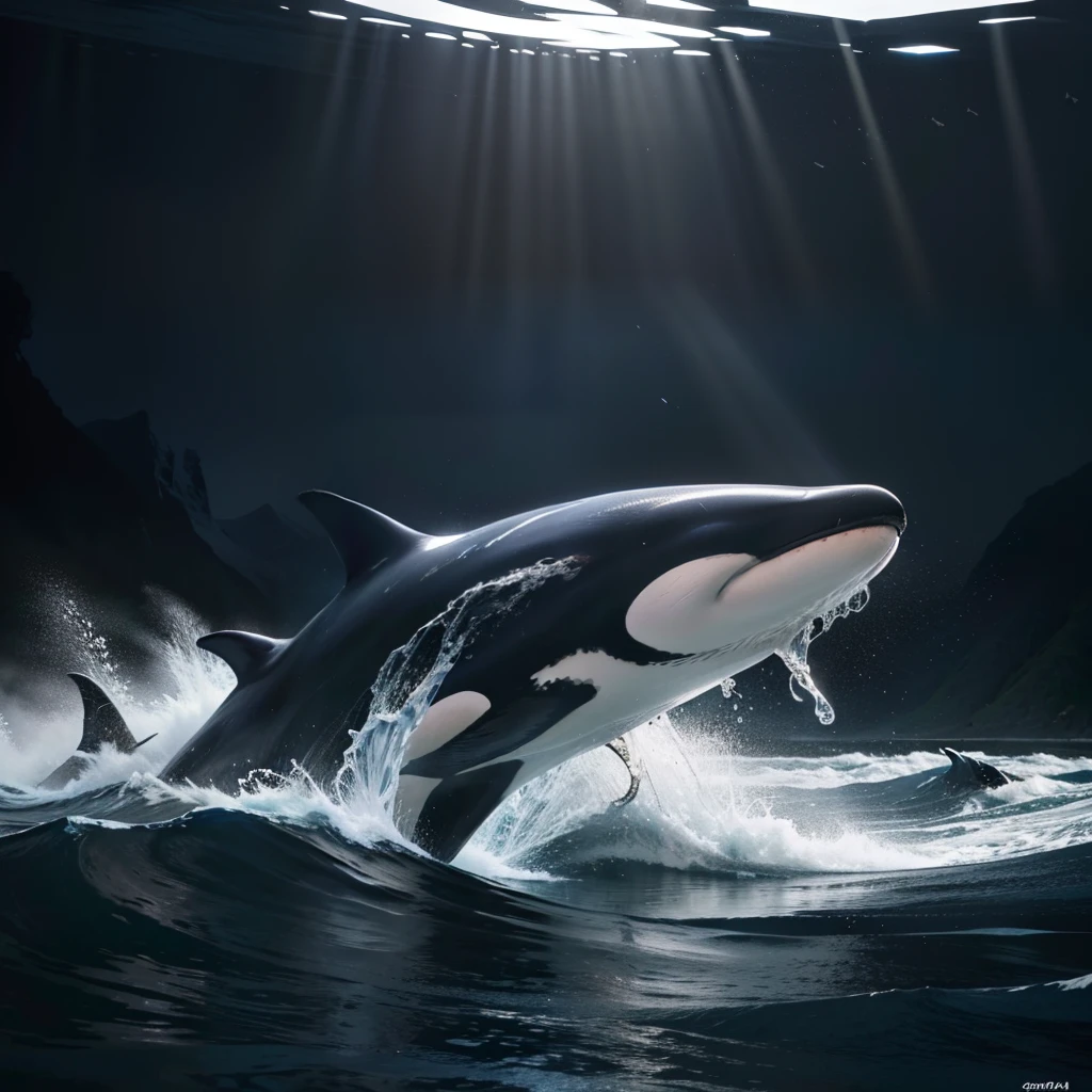 killer whale，（RAW photos，best qualtiy），（realisticlying，photograph realistic：1.3），best qualtiy，highly  detailed，tmasterpiece，hyper-detailing，illustratio，dynamic angle，Masterpiece Theatre of the World，best qualtiy，extremely detailed CG unity 8k wal，ink，astounding，cinmatic lighting，