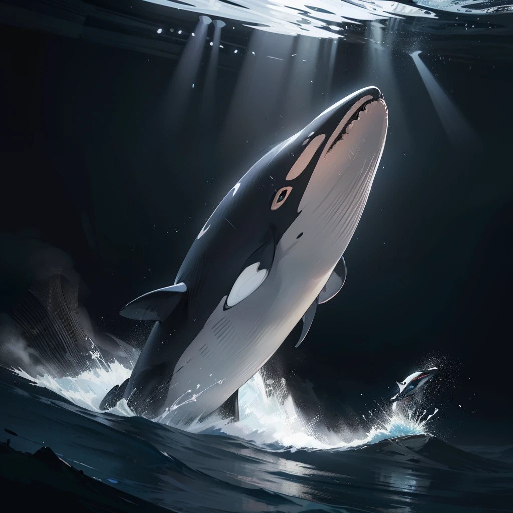 killer whale，（RAW photos，best qualtiy），（realisticlying，photograph realistic：1.3），best qualtiy，highly  detailed，tmasterpiece，hyper-detailing，illustratio，dynamic angle，Masterpiece Theatre of the World，best qualtiy，extremely detailed CG unity 8k wal，ink，astounding，cinmatic lighting，