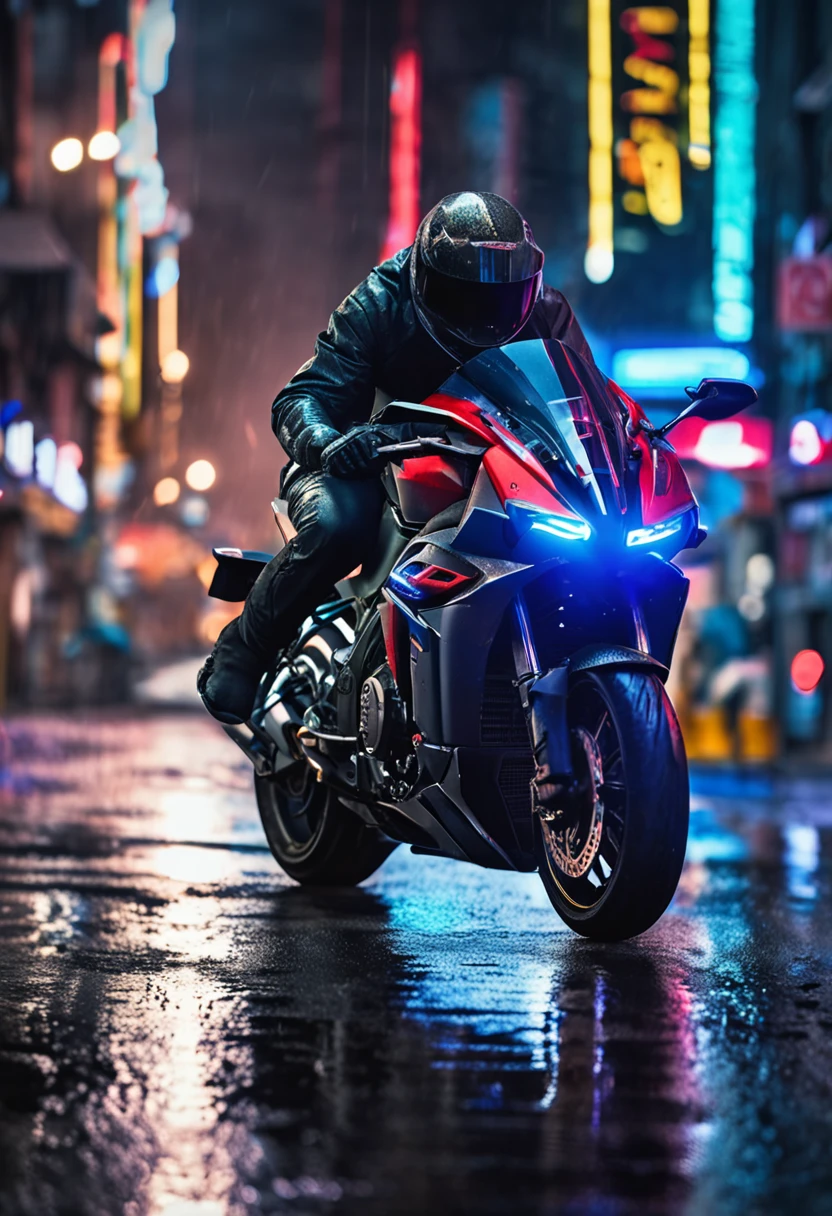 Photorealistic artwork, futuristic motorcycle, sleek design, cutting-edge technology, dynamic angles, rider in high-tech armor, intense gaze, leaning into a turn, urban cityscape background, neon-lit streets, rain-soaked pavement, reflections on wet surface, dramatic lighting, city's pulse captured, cinematic feel, 85mm lens, Sony A7III, shallow depth of field, vibrant color grading, post-apocalyptic vibe, adrenaline-fueled energy.