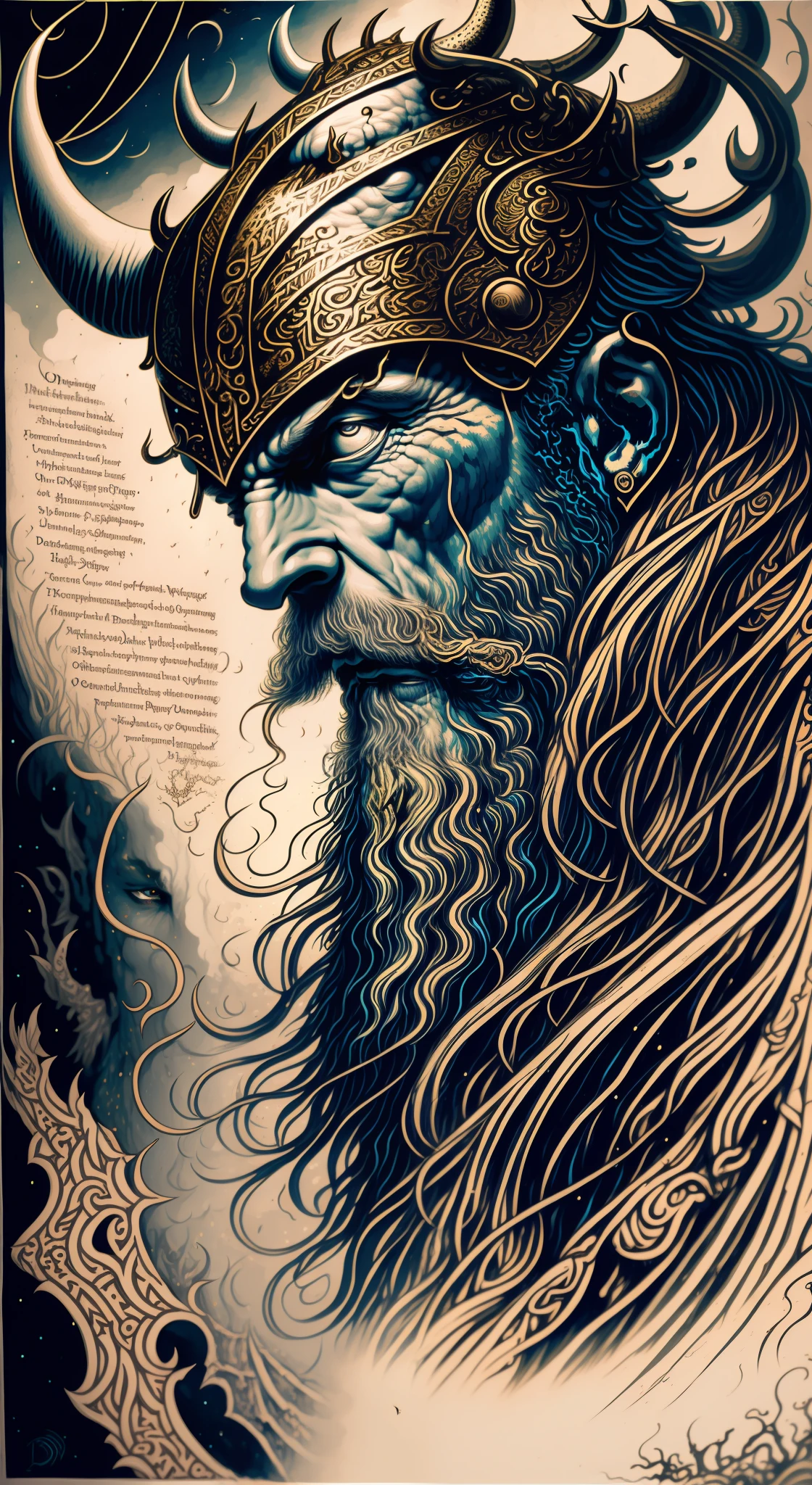 There is a drawing of a man with a horned head, Retrato pintado de Odin acidentado, Norse God, viking warrior illustration, epic full color illustration, Dan Mumford Tom Bagshaw, El Bosco e Dan Mumford, Viking Bom, rosto viking no perfil, Odin, Directed by: Dan Mumford, norse warrior, Epic portrait illustration, Directed by: Daniel Ljunggren, No estilo Dan Mumford obra de arte