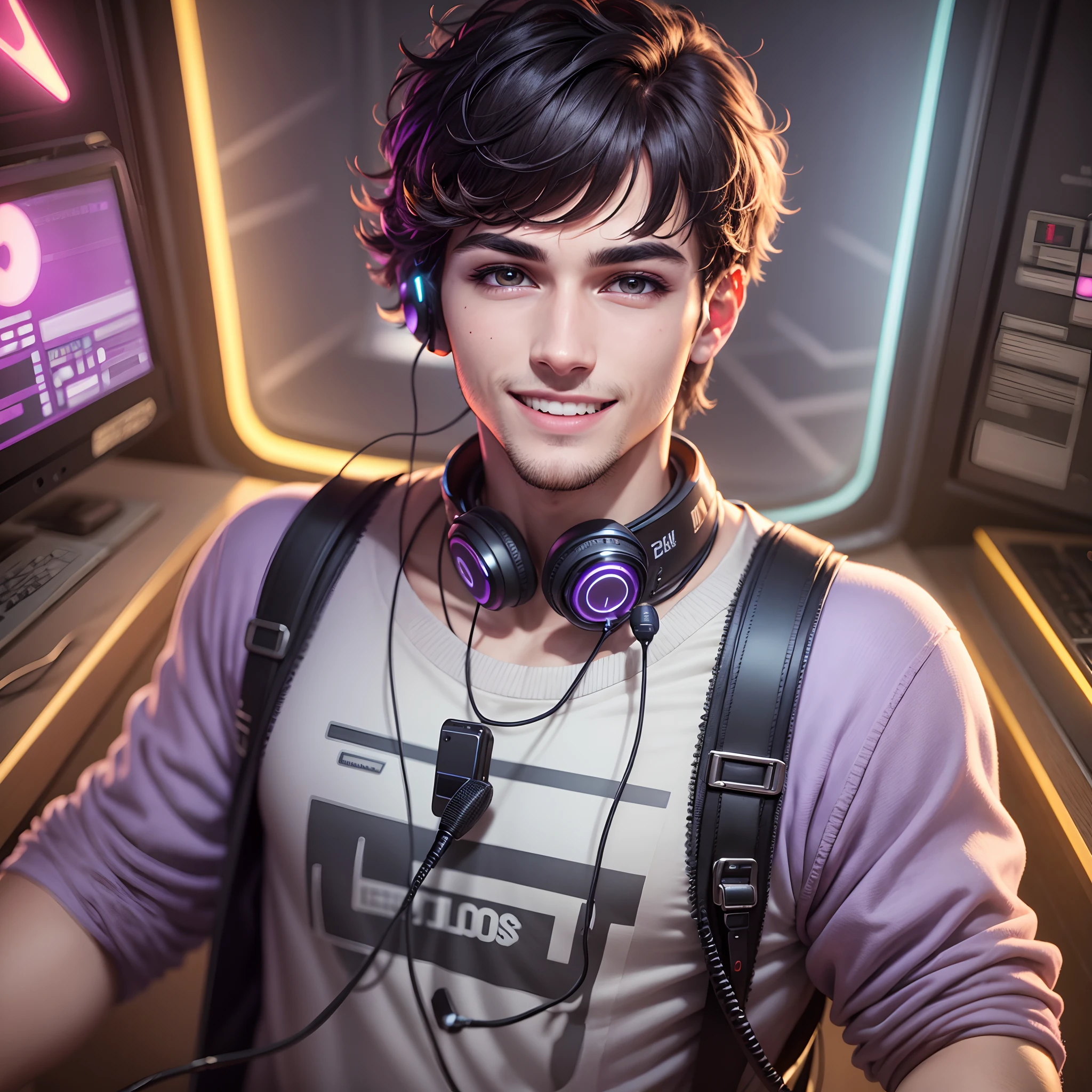 YouTuber, A man with a smile, Video Recording, charisma, Detailed background, Recording studio, purple neon lights, Recording on a mobile phone, With microphone, hair light