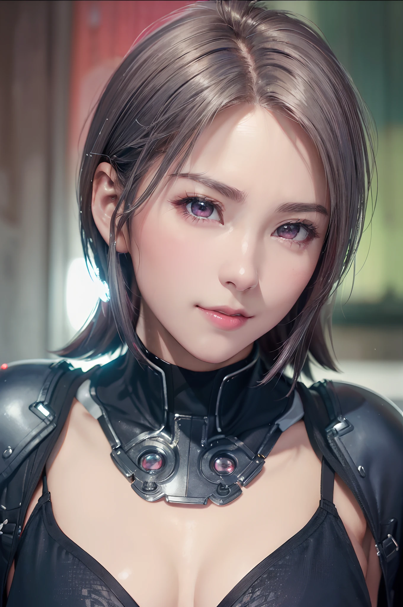 (8k, photorealistic, RAW photo, top quality: 1.4), (1girl), super beautiful, (realistic face), (boyish, silver-colored berry short hair), beautiful cyberpunk suit, glares seducing viewer, beautiful expression, beautiful breasts, (realistic skin), beautiful smile, (soldier), attractive, ultra high resolution, ultra realistic, high definition, spoiled