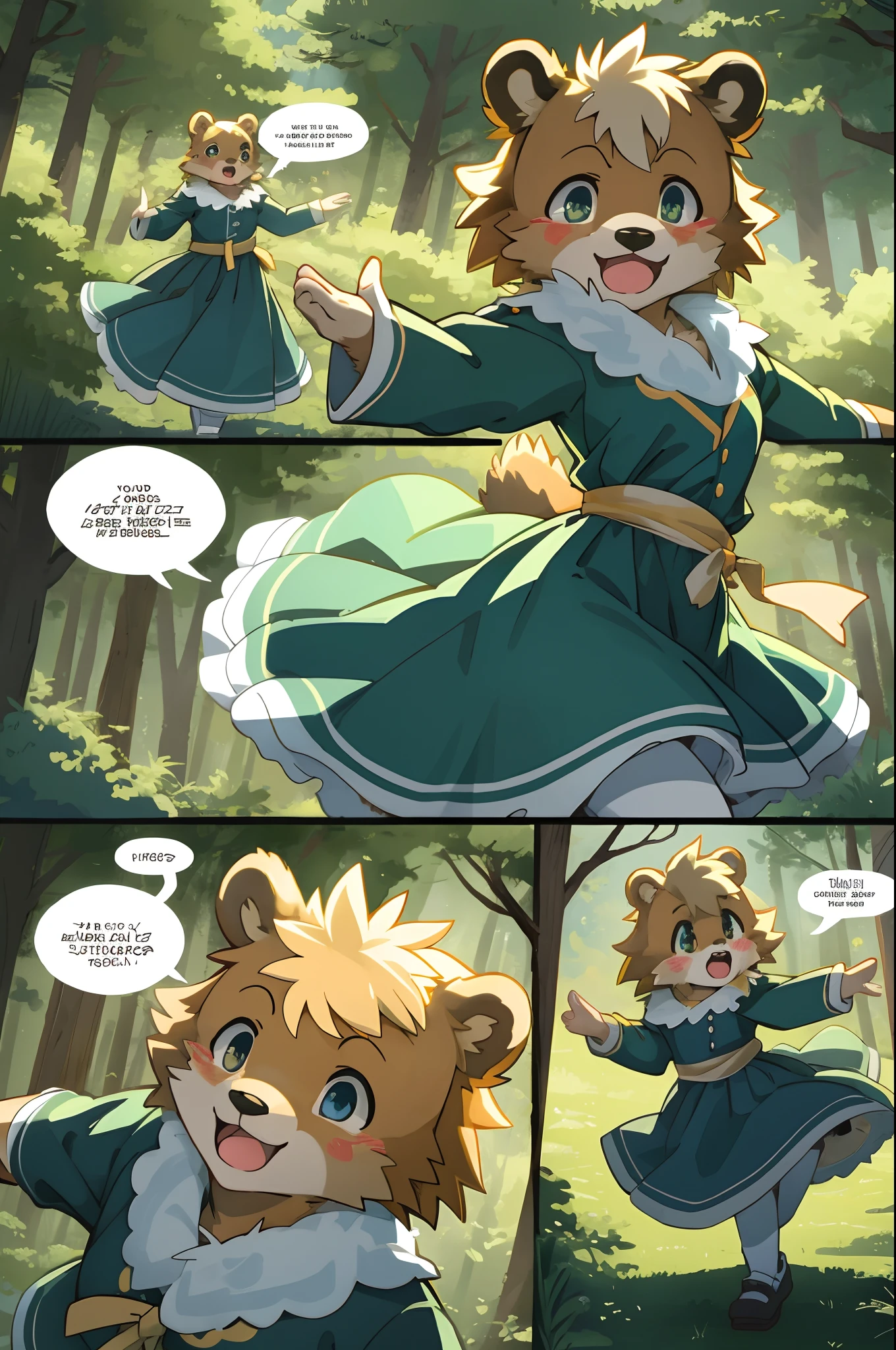 top quality, best quality, highres, masterpiece, super high resolution, detailed background, forest(super cute 1girl, bear, pair)singing, dancing, waltz, absurdres(highly detailed beautiful face and eyes)perfect anatomy, good lighting, cinematic shadow(kemono, furry anthro)assorted expressions, assorted poses, assorted angles, full body, upper shot, dynamic angle(girls comic-like panel layouts, speech balloon, English text, Hand-drawn sound effects stickers used in girls comic),