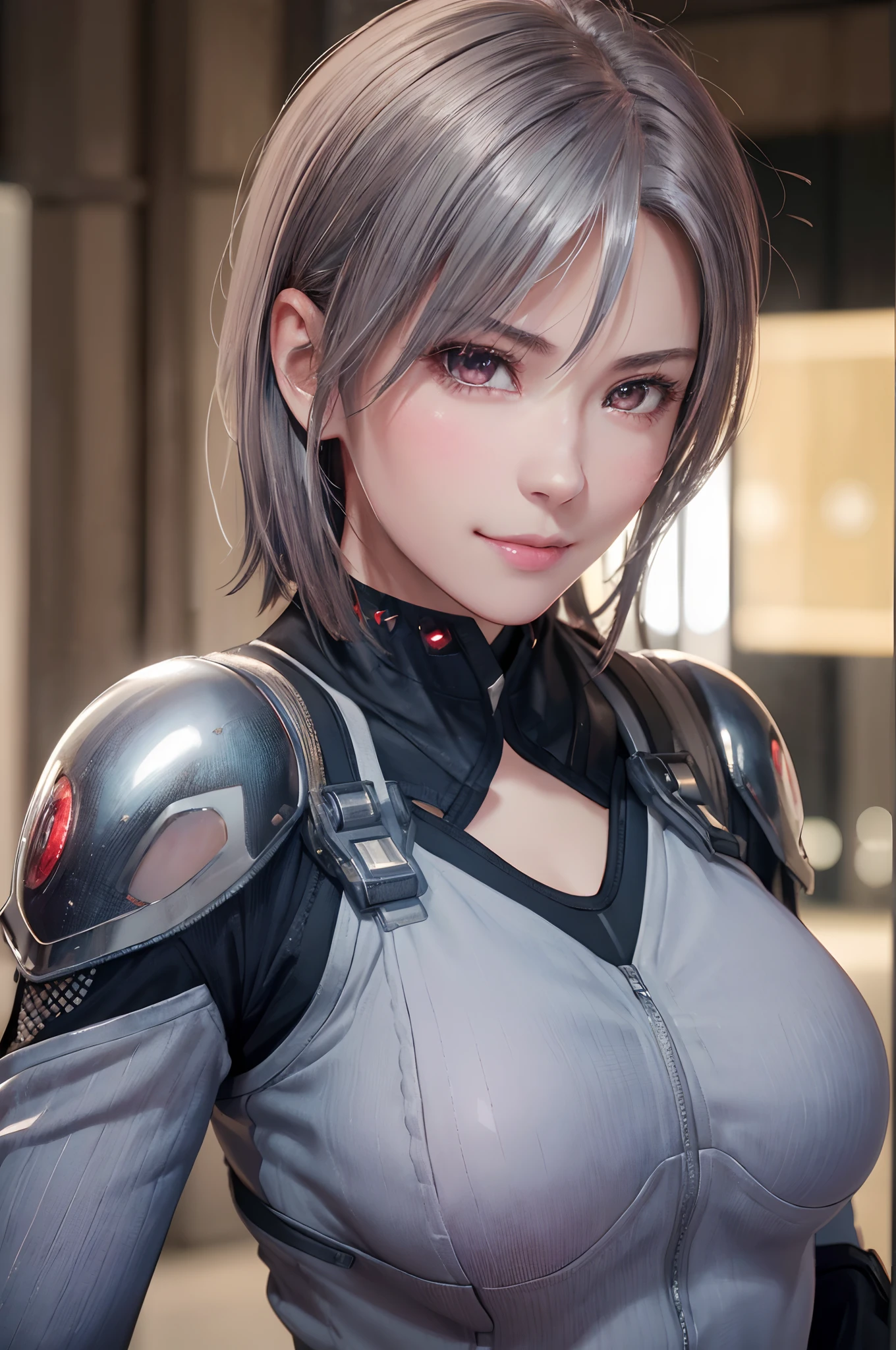 (8k, photorealistic, RAW photo, top quality: 1.4), (1girl), super beautiful, (realistic face), (boyish, silver-colored berry short hair), beautiful cyberpunk suit, glares seducing viewer, beautiful expression, beautiful breasts, (realistic skin), beautiful smile, (soldier), attractive, ultra high resolution, ultra realistic, high definition, spoiled