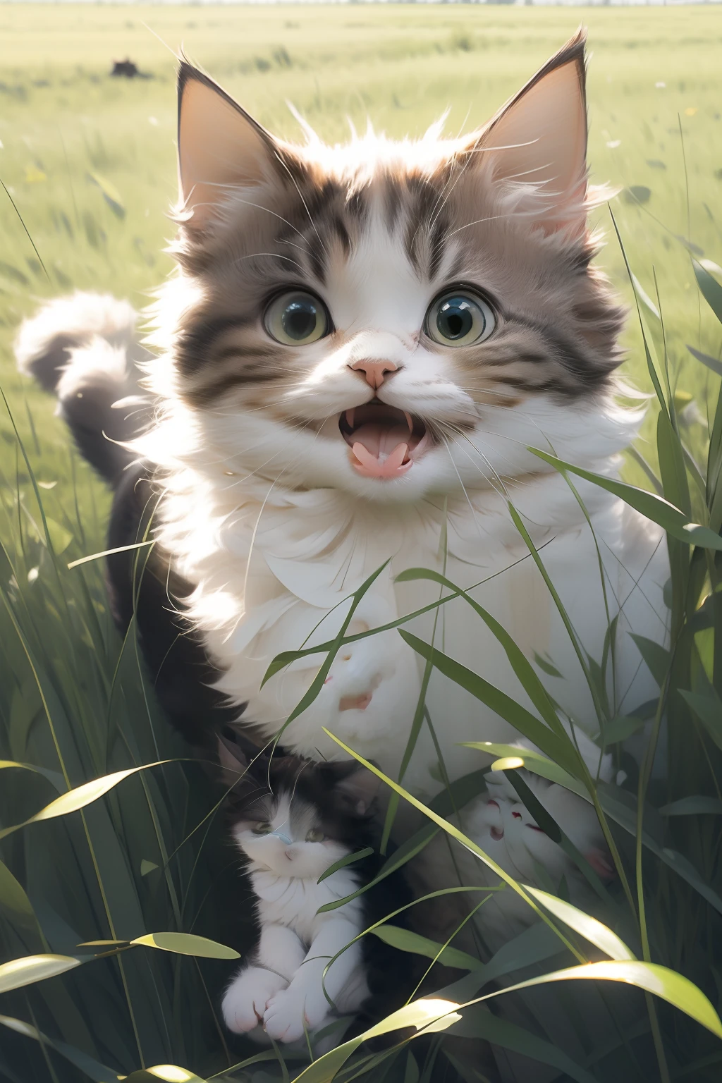 a cat,open mouth,a cat standing on grass,