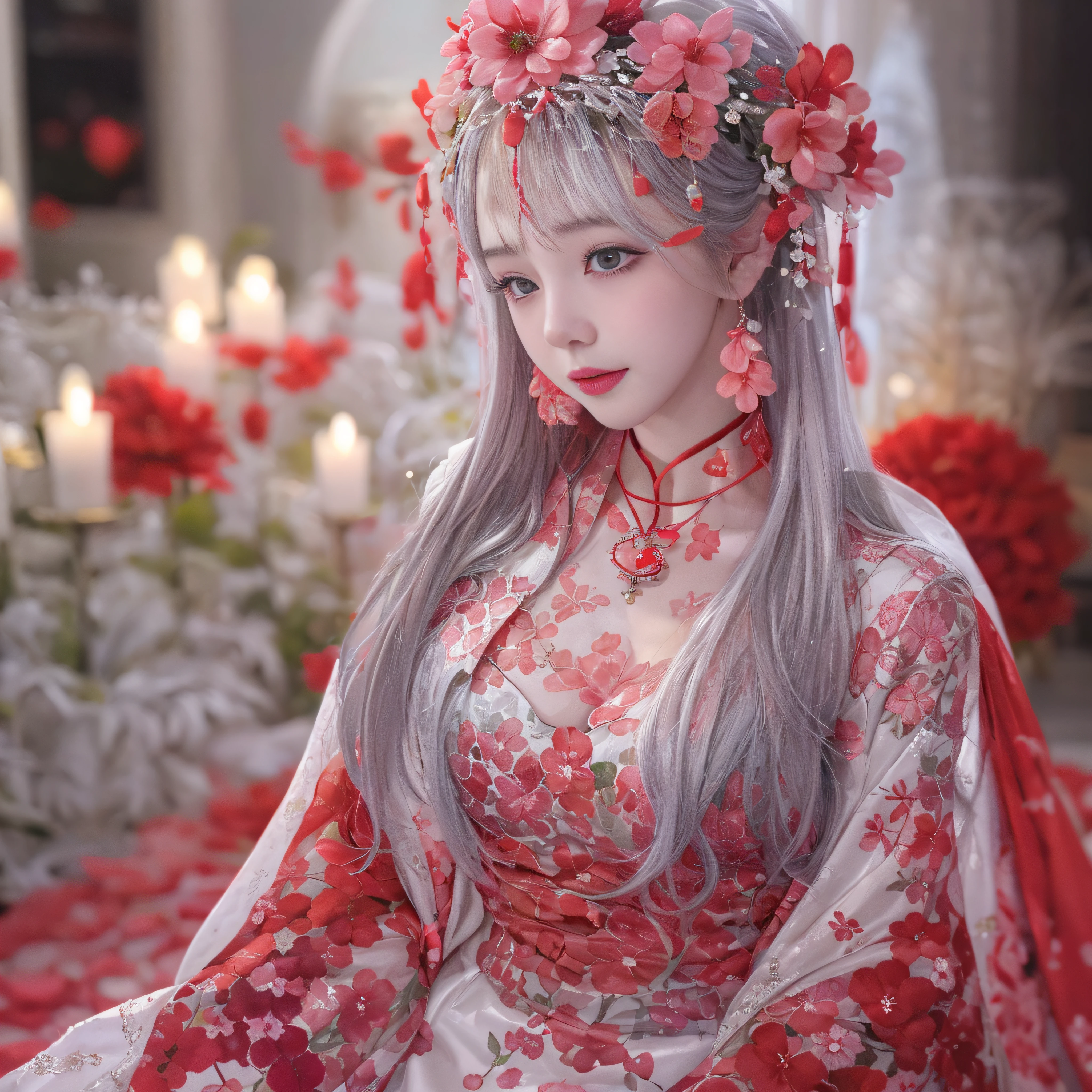 Good quality， tmasterpiece， A high resolution， 1girll，Chinese wedding dress，White hair shiny hair accessories，choker necklace，jewely，beauitful face，after sexing_Body，Tyndall effect，realisticlying，Red holiday room edge lighting，twotonelighting，（highdetailskin：1.2），8K high-definition，gentle illumination，high high quality，Volumetriclighting，Frankness，photore，A high resolution，Bokeh