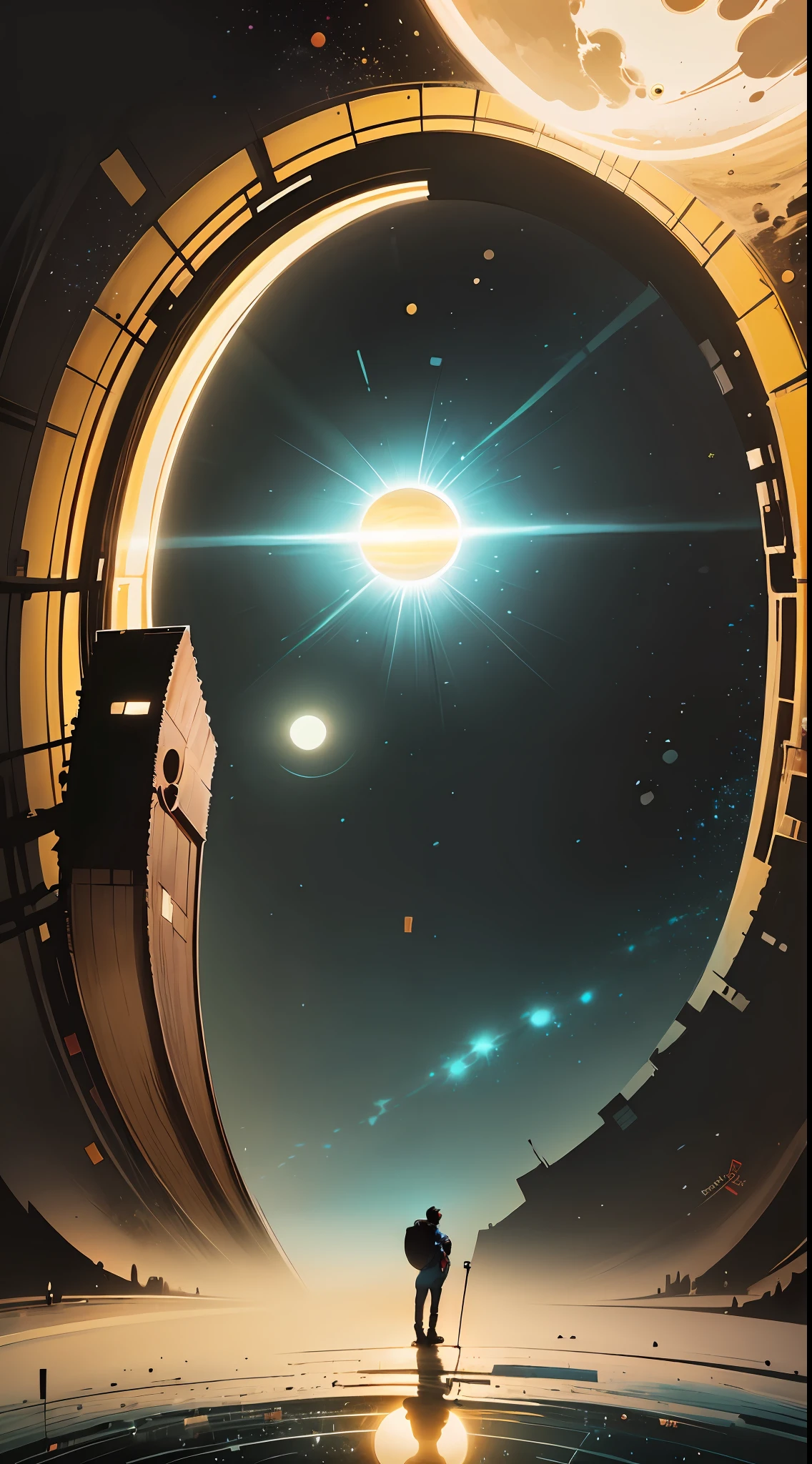 a man standing in front of a space portal with a view of the sun, cyril rolando and goro fujita, portal to another universe, inspired by Cyril Rolando, portal to another dimension, world seen only through a portal, high quality fantasy stock photo, portal to another world, portal to outer space, in style of cyril rolando, looking out into space
