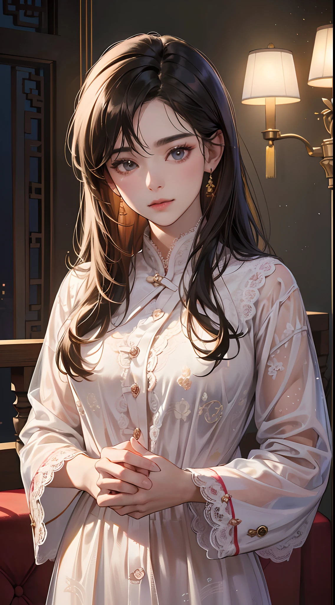 Best Quality, (RAW Photos: 1.2), (Masterpieces: 1.4), (Realistic: 1.4), (High Resolution: 1.4), Chinese actress Gulinazha, depth of field, intricate details, 8k, very detailed, perfect lighting, epic background, big bust 1.3, lace pajamas 1.3, lace pajamas 1.3 --auto
