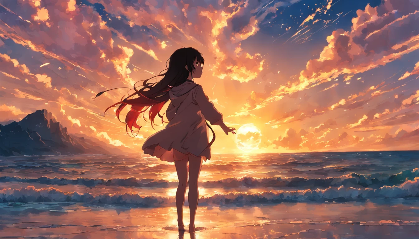 obra-prima, melhor qualidade, filme ainda, 1girl, garota nuvem, floating into the sky, standing full-body, brilhante, feliz, Soft lighting and Warm, sun sunset, (Sparks: 0,7)